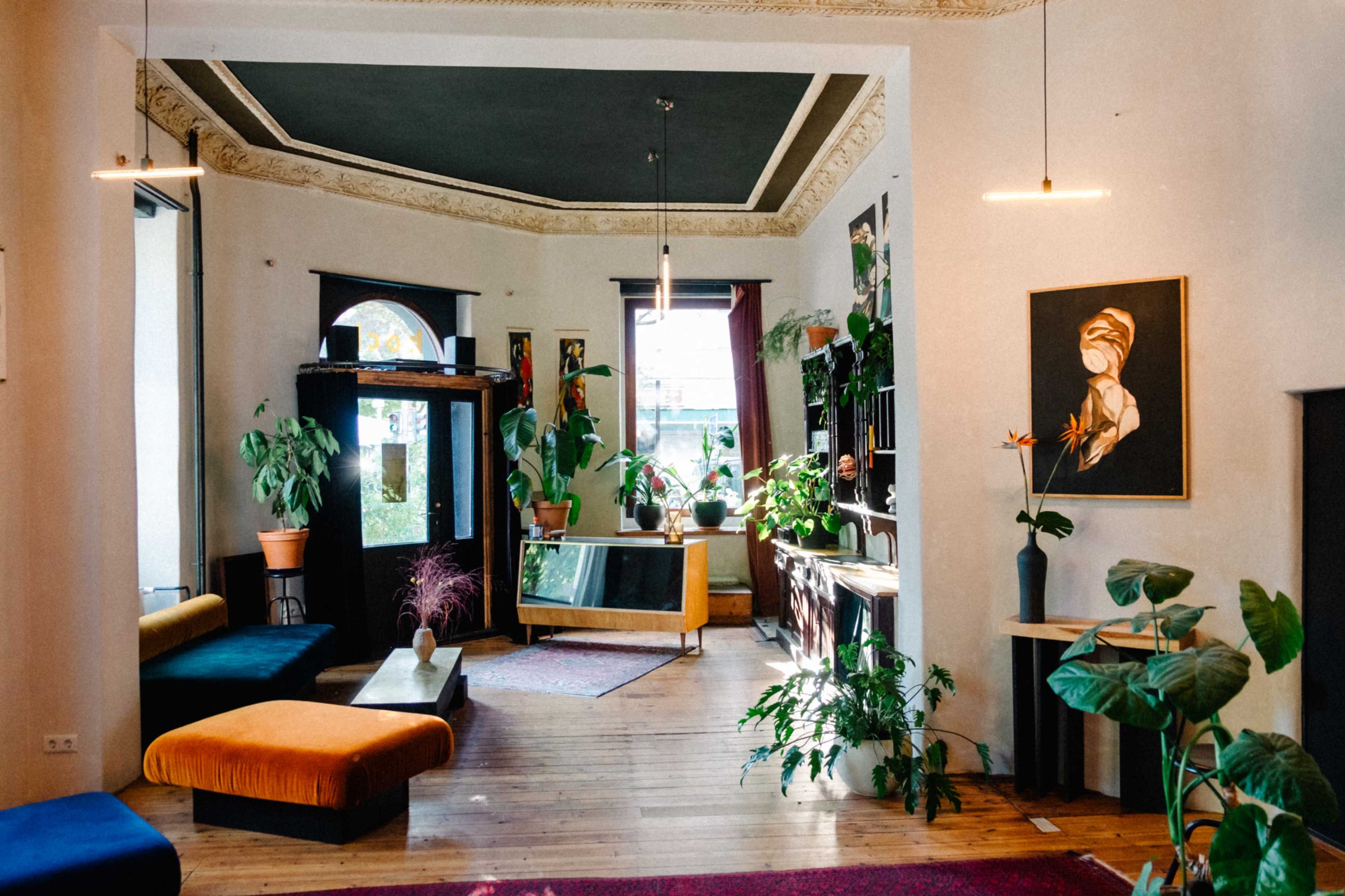 The image depicts a spacious, well-lit room featuring a combination of comfortable seating, large plants, and decorative artwork on the walls.