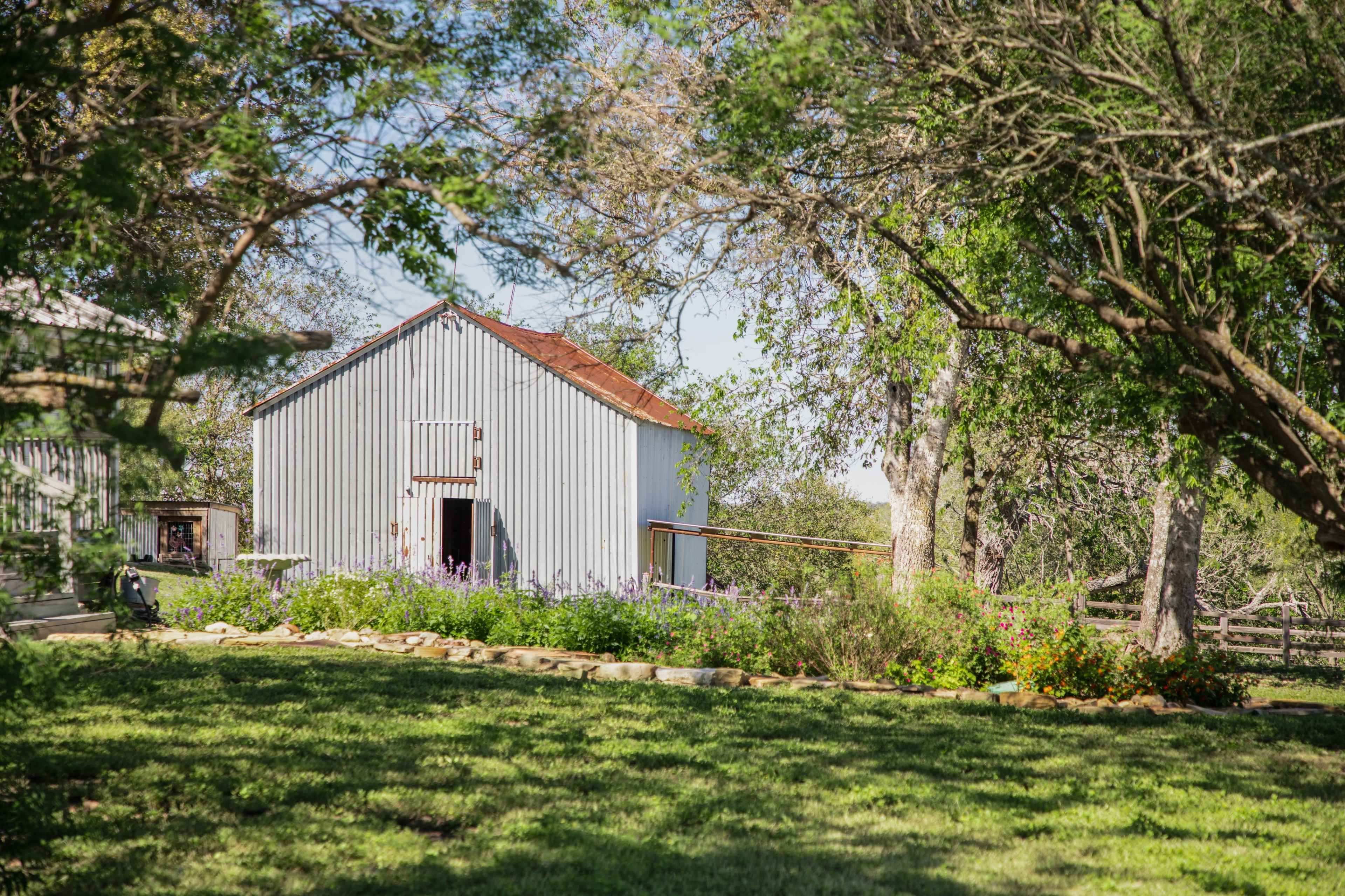 A white barn stands surrounded by trees and flowering plants in a clear outdoor setting.