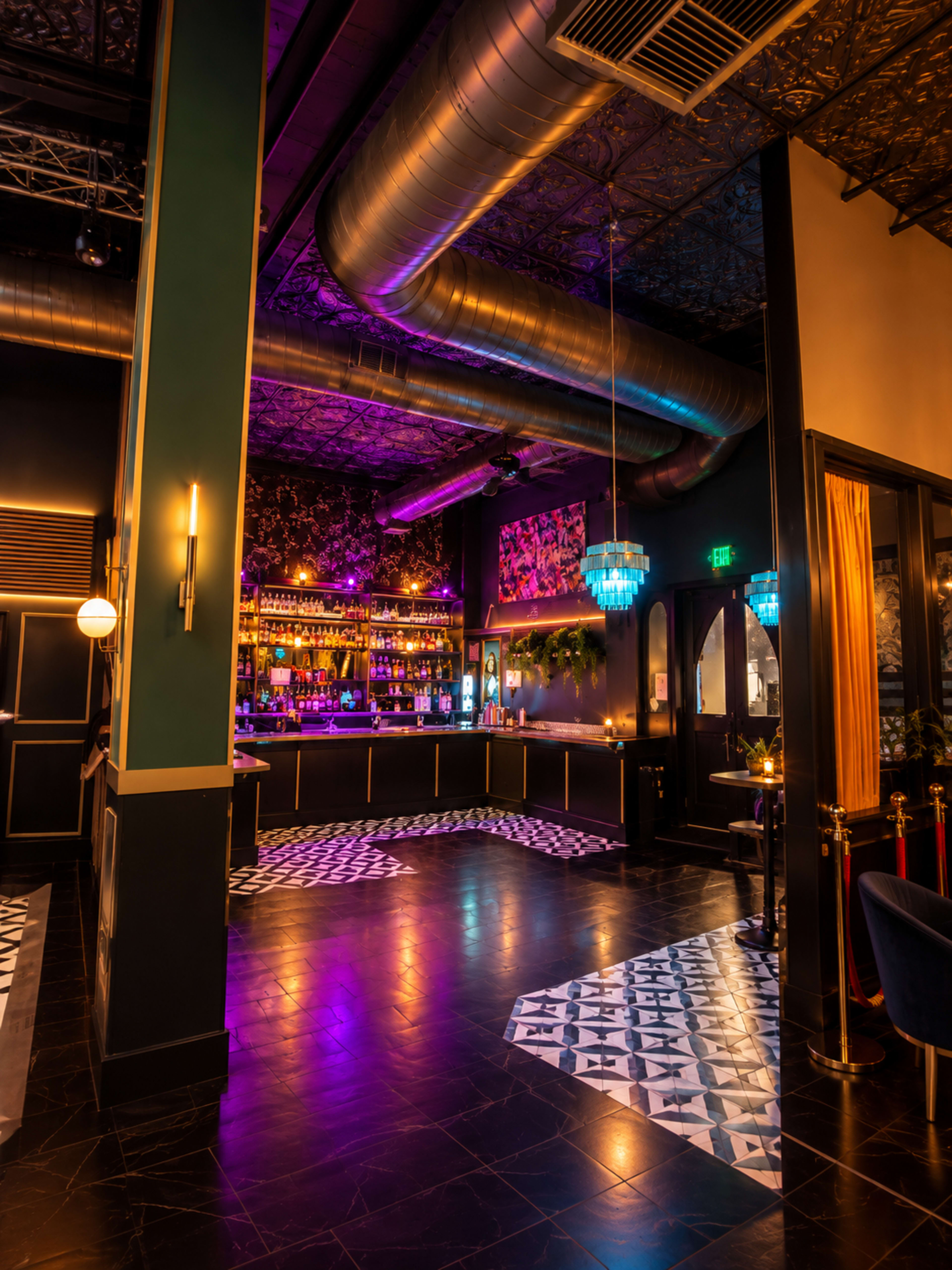 The image shows a modern bar interior with colorful lighting, a patterned floor, and a bar counter stocked with drinks.