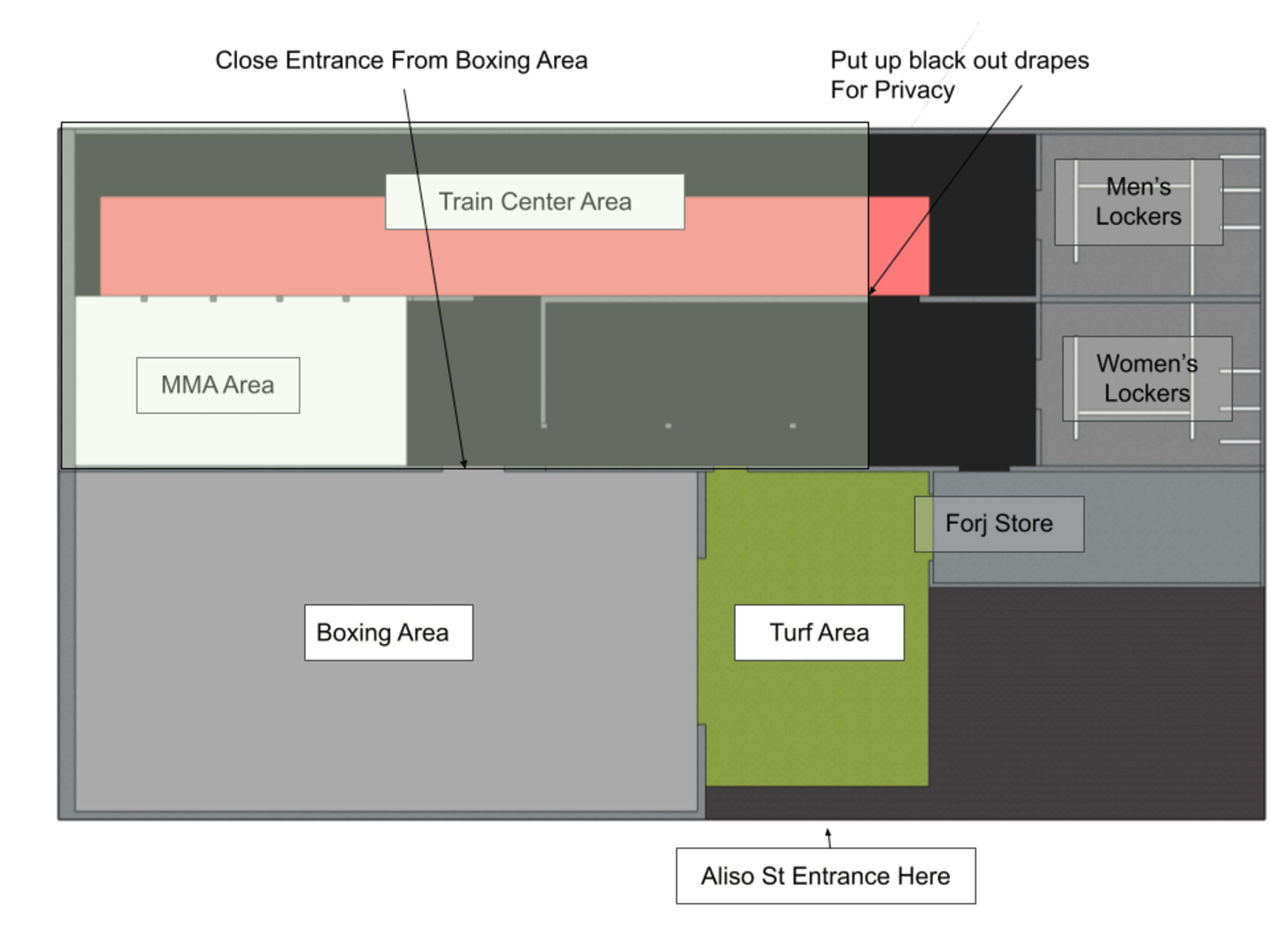 The diagram shows the layout of a facility with designated areas for training, MMA, boxing, turf activities, and locker rooms for men and women.
