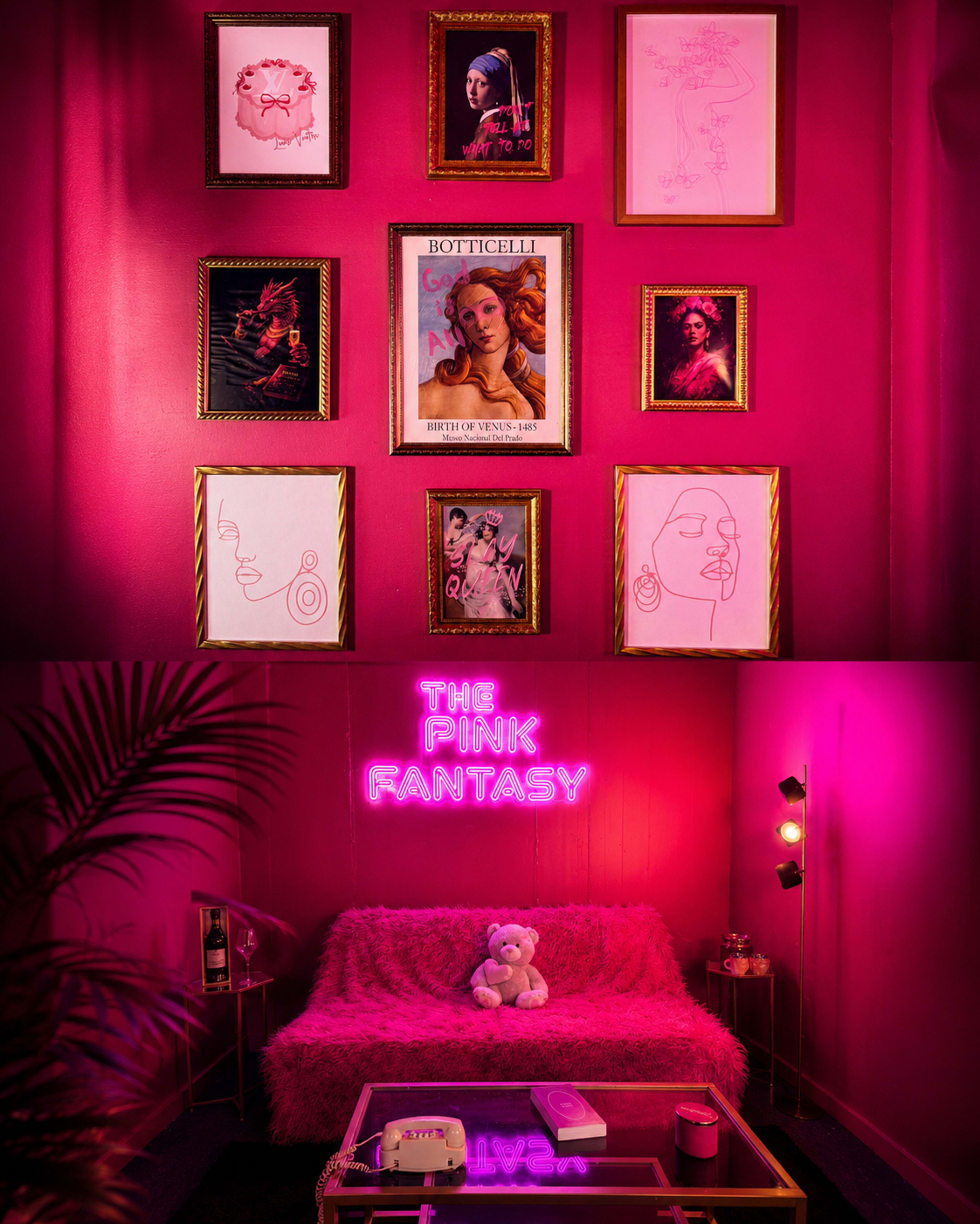 The image features a vibrant pink-themed room adorned with framed artwork, a neon sign reading "THE PINK FANTASY," and a plush sofa with a teddy bear.