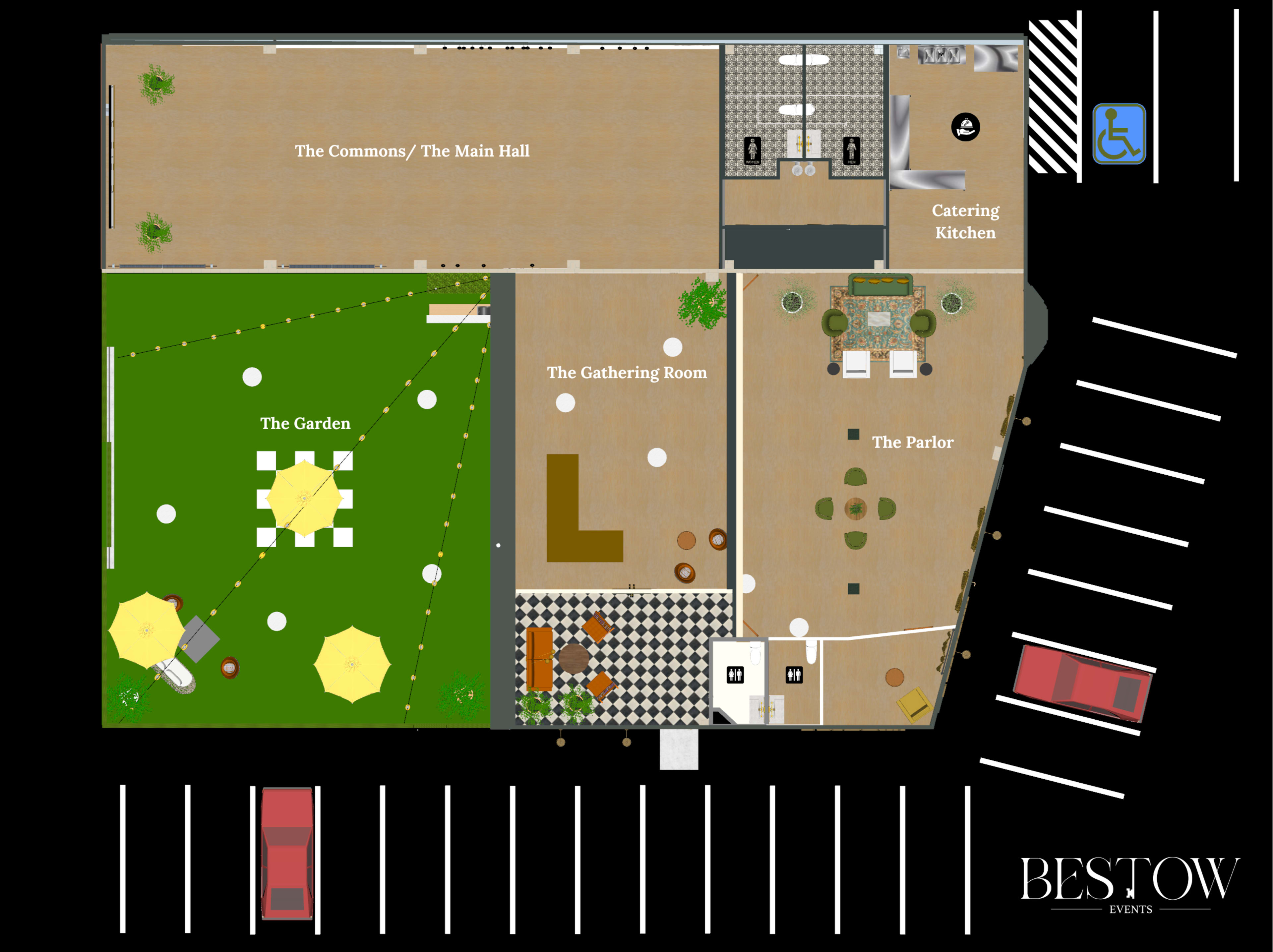 The image shows a floor plan of an event space named "Bestow Events," featuring different areas including the Commons, The Gathering Room, The Parlor, and The Garden, as well as a catering kitchen and parking layout.