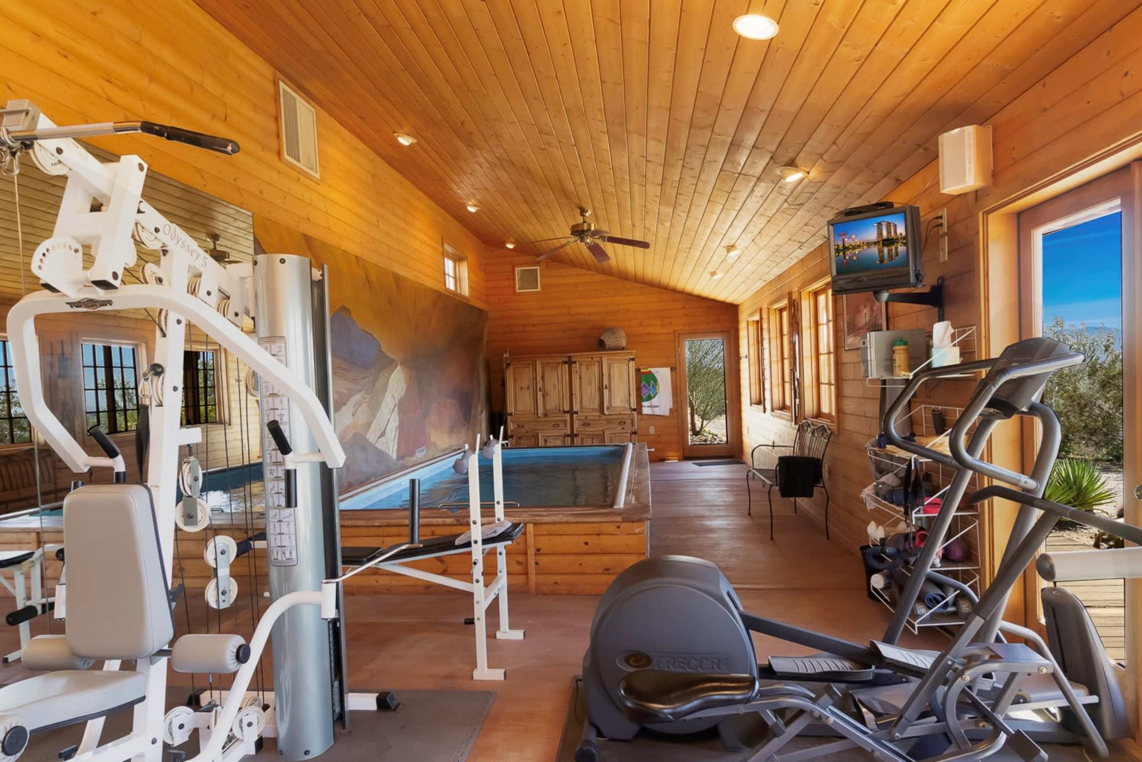 A spacious indoor gym with exercise equipment and a small pool, all surrounded by wooden walls and large windows.