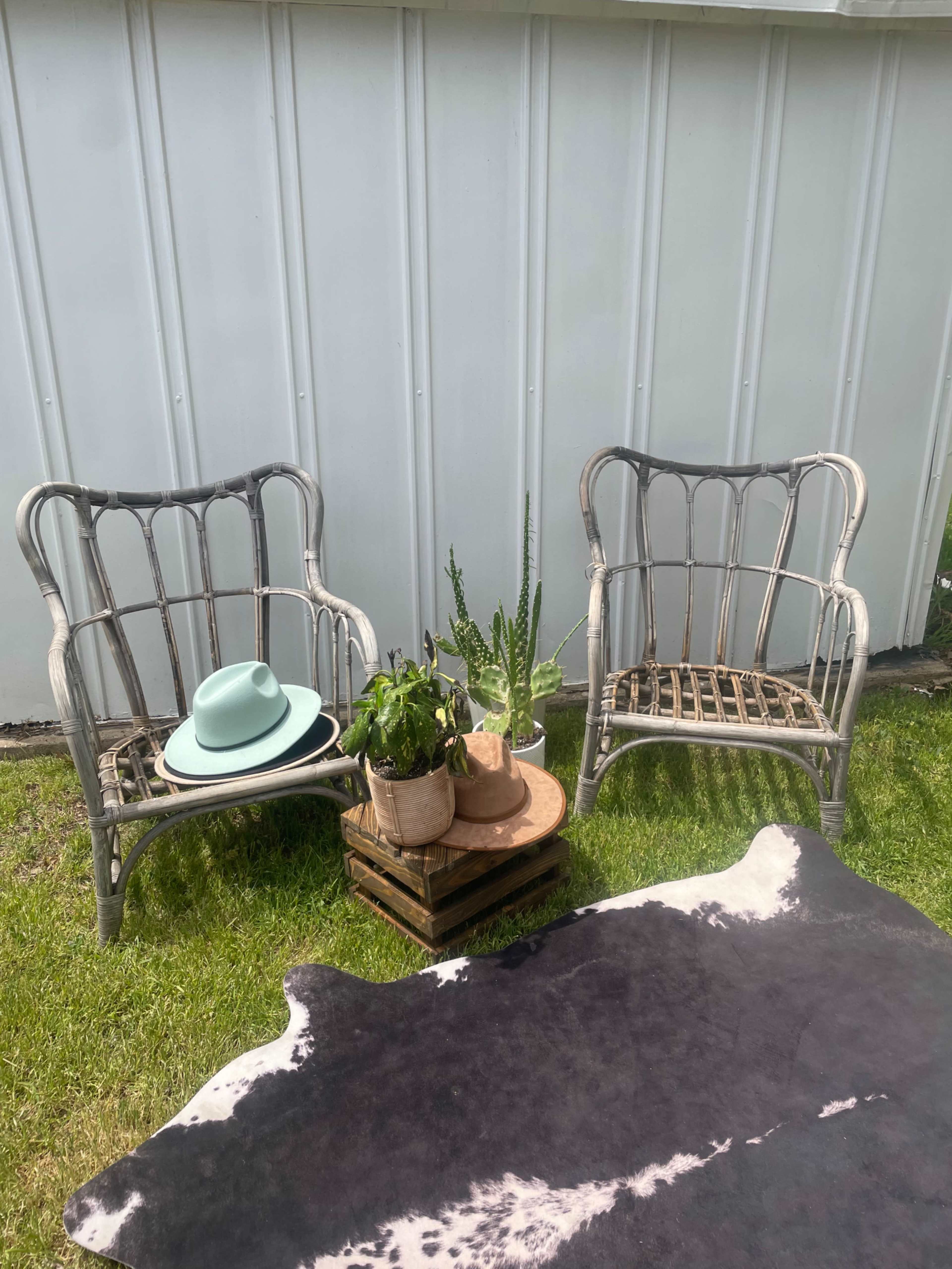 The scene features two vintage chairs placed on a grassy area beside a wooden crate with potted plants and a hat resting on one of the chairs.