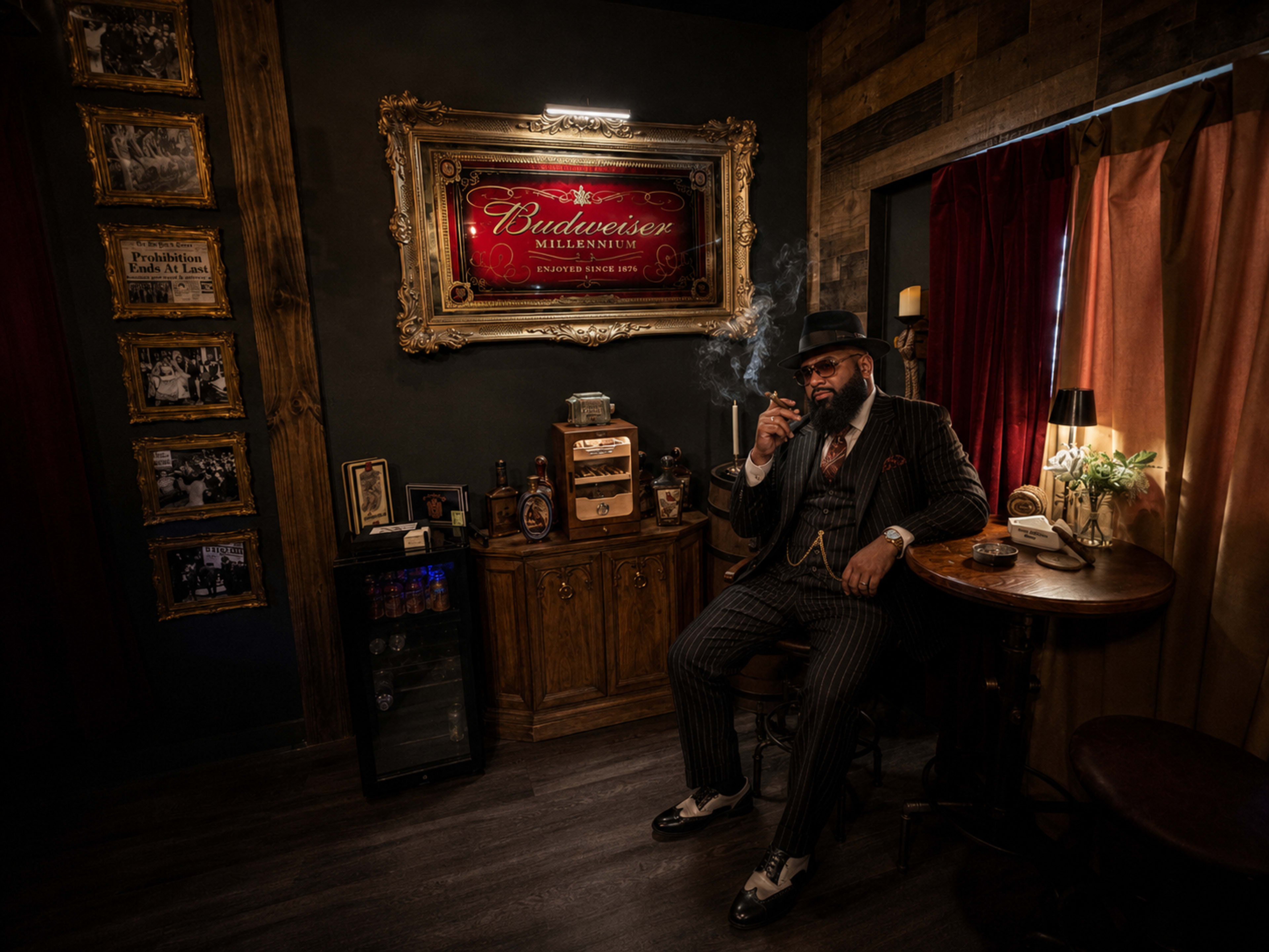 A man in a pinstripe suit sits in a dimly lit room, smoking a cigar beside a table with a drink, while vintage decor and a framed Budweiser sign adorn the walls.