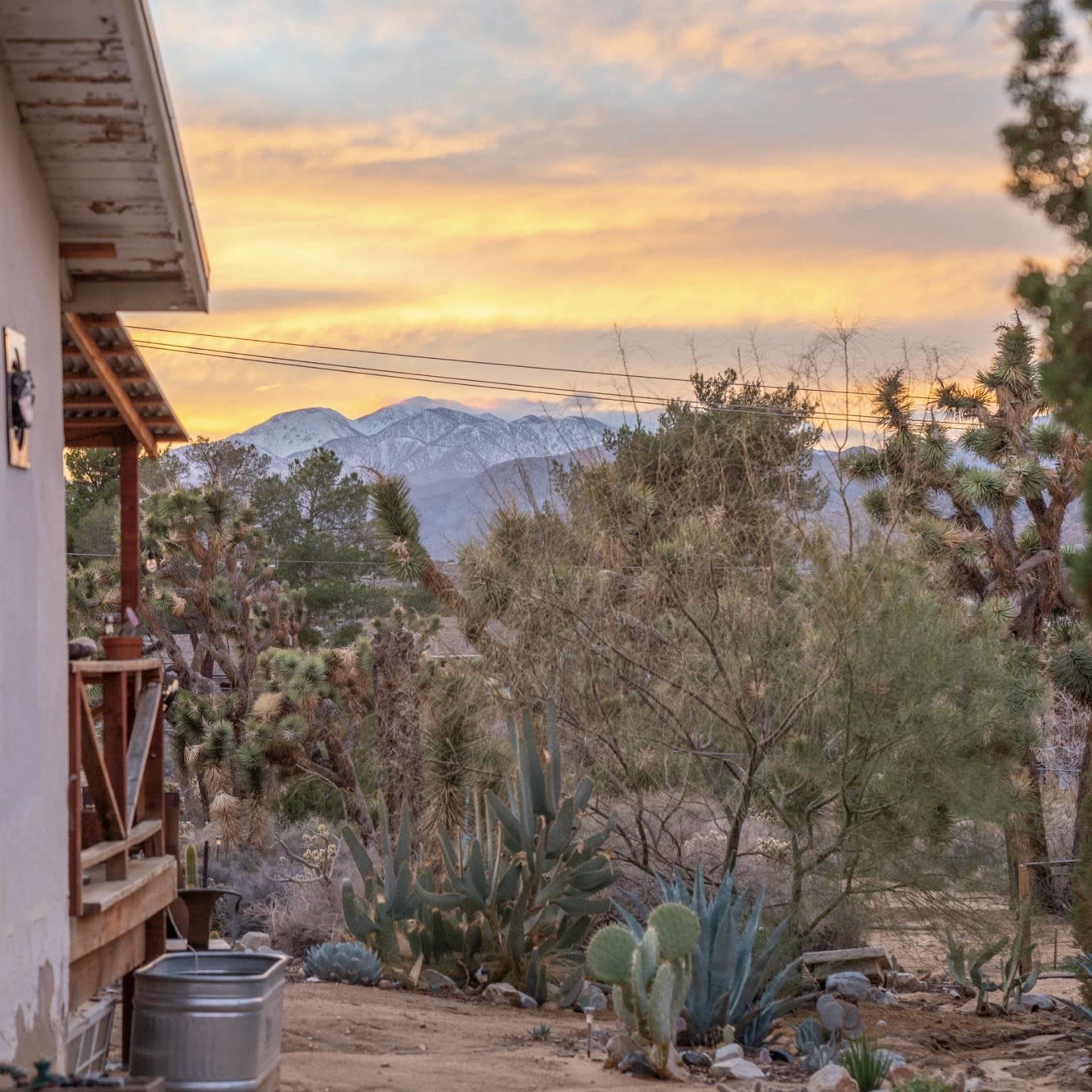 A wooden porch overlooks a desert landscape with cacti and distant snow-capped mountains against a colorful sunset sky.