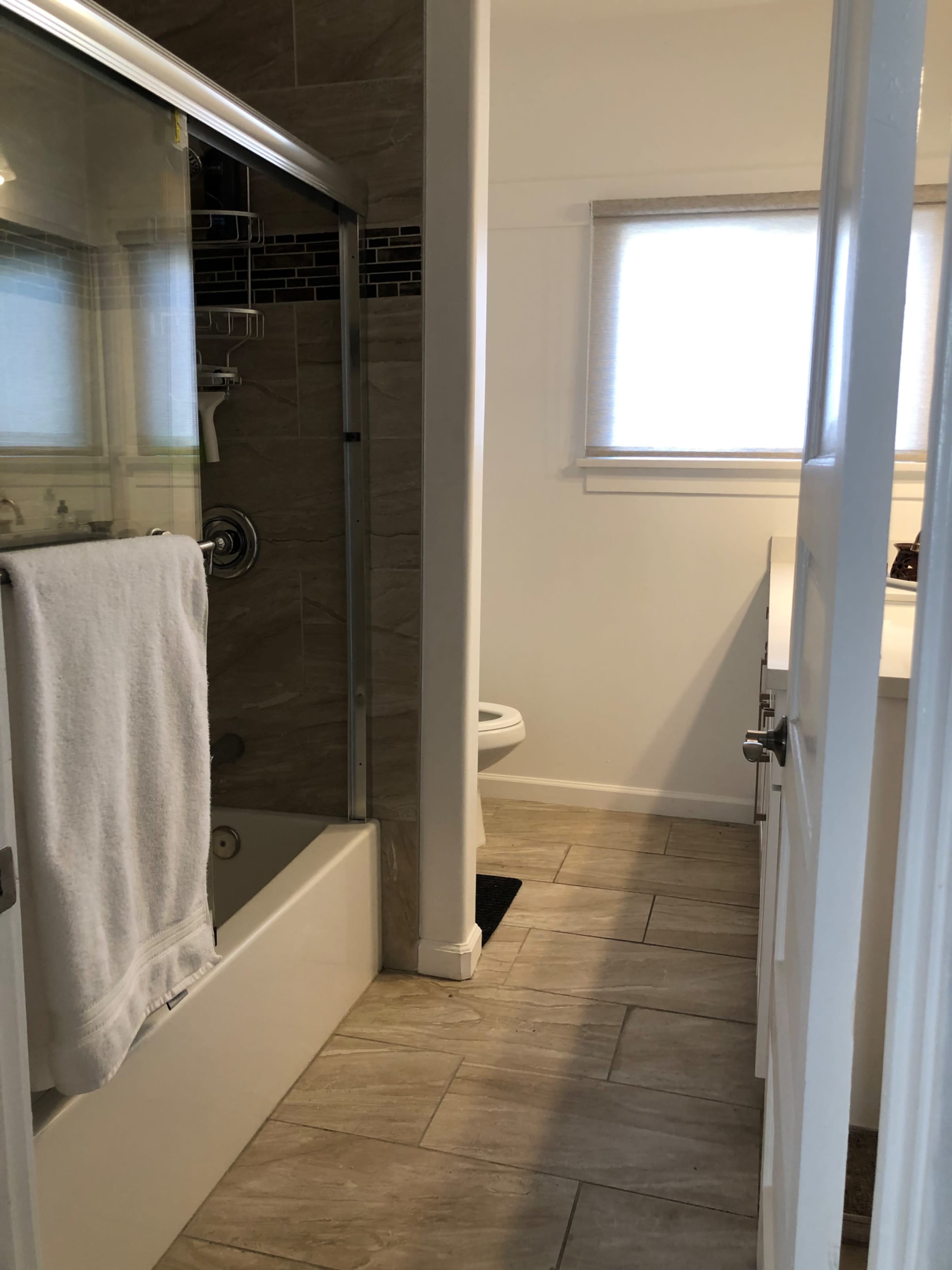 The image shows a bathroom featuring a shower with glass doors, a white bathtub, a toilet, and a countertop with a sink.