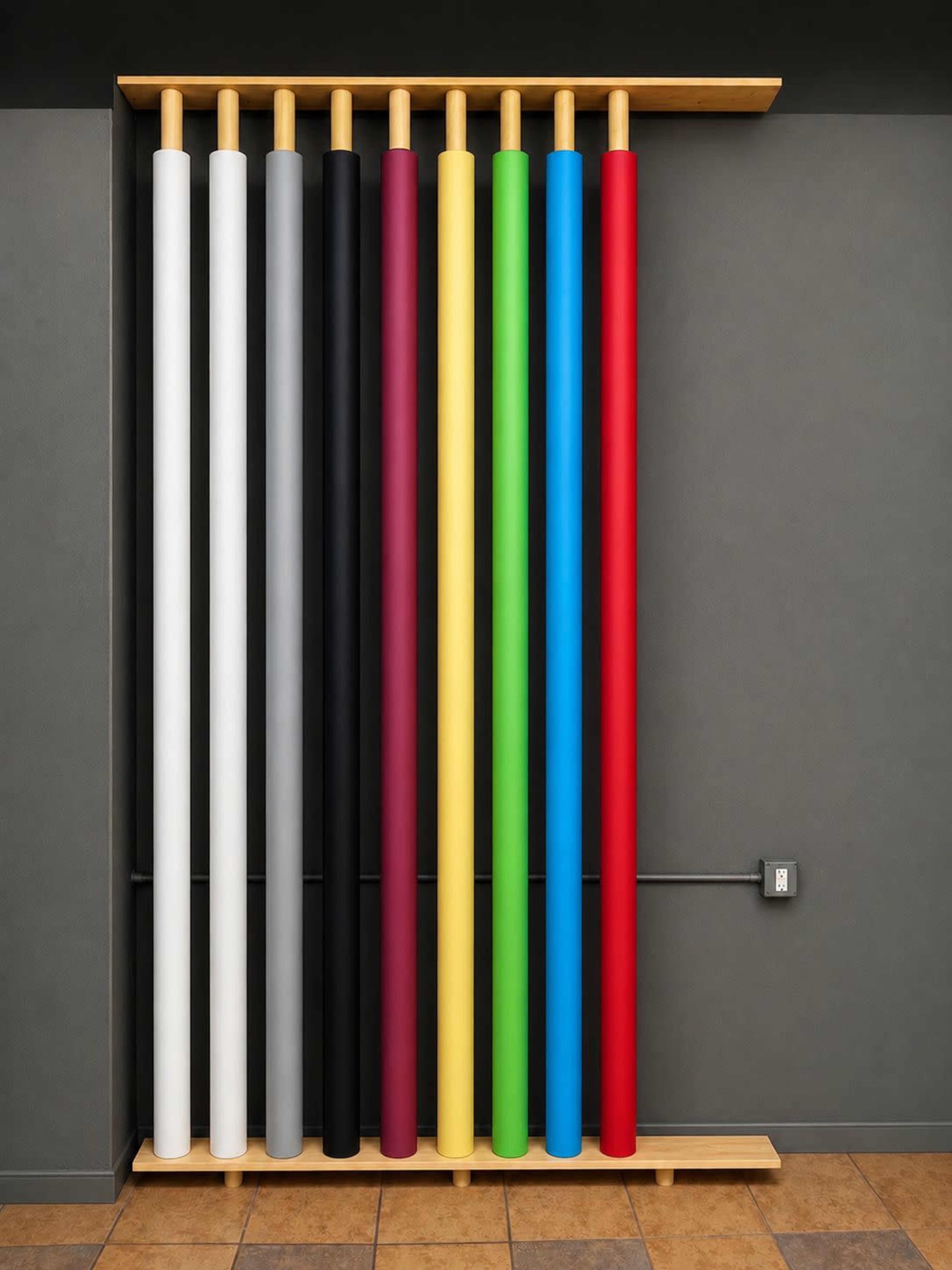 The image shows a wall-mounted display of vertical cylindrical rolls in various colors arranged in pairs on a wooden shelf.
