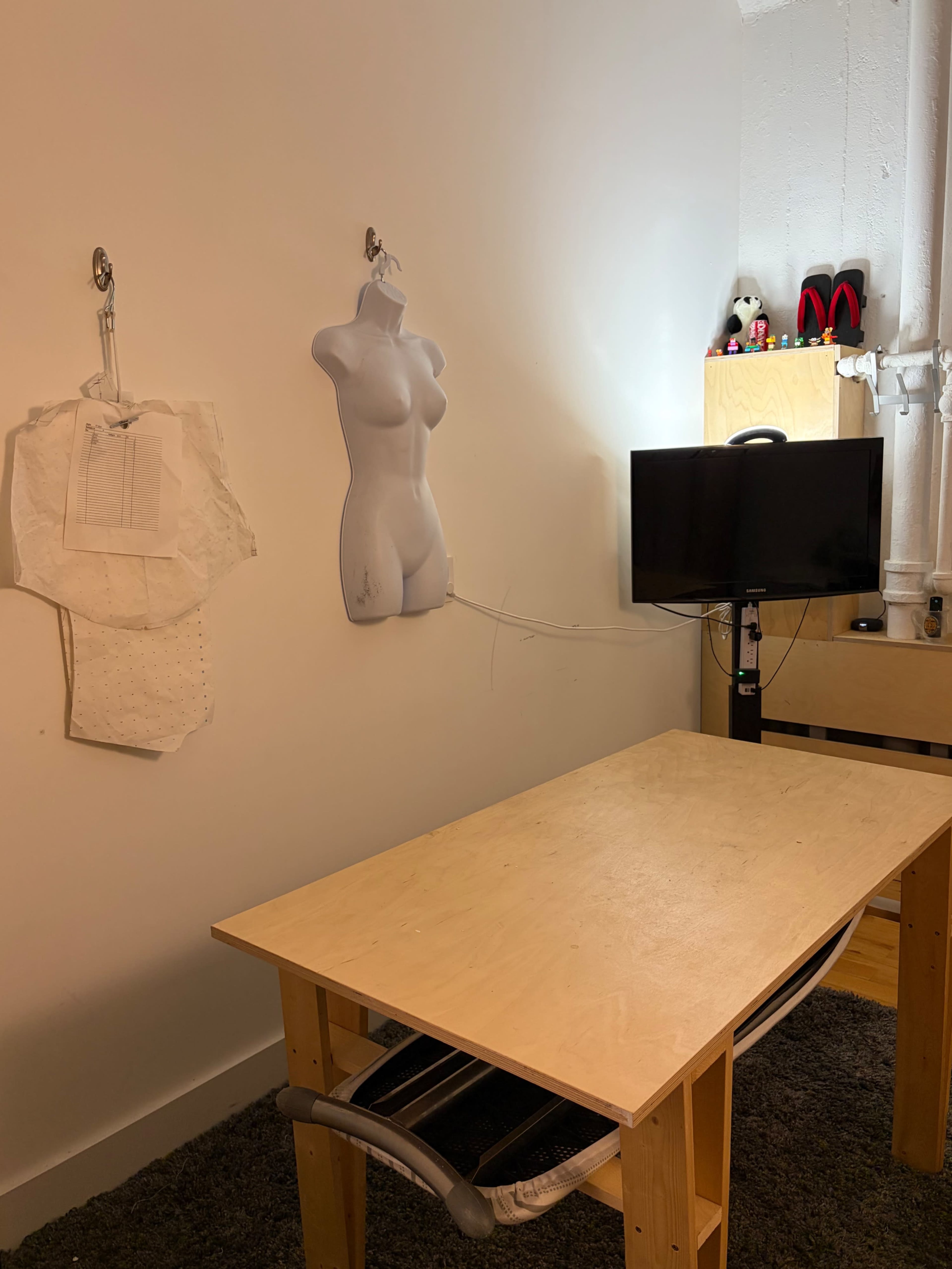 The room features a wooden table, a wall-mounted mannequin, a television on a stand, and various items displayed on a shelf.