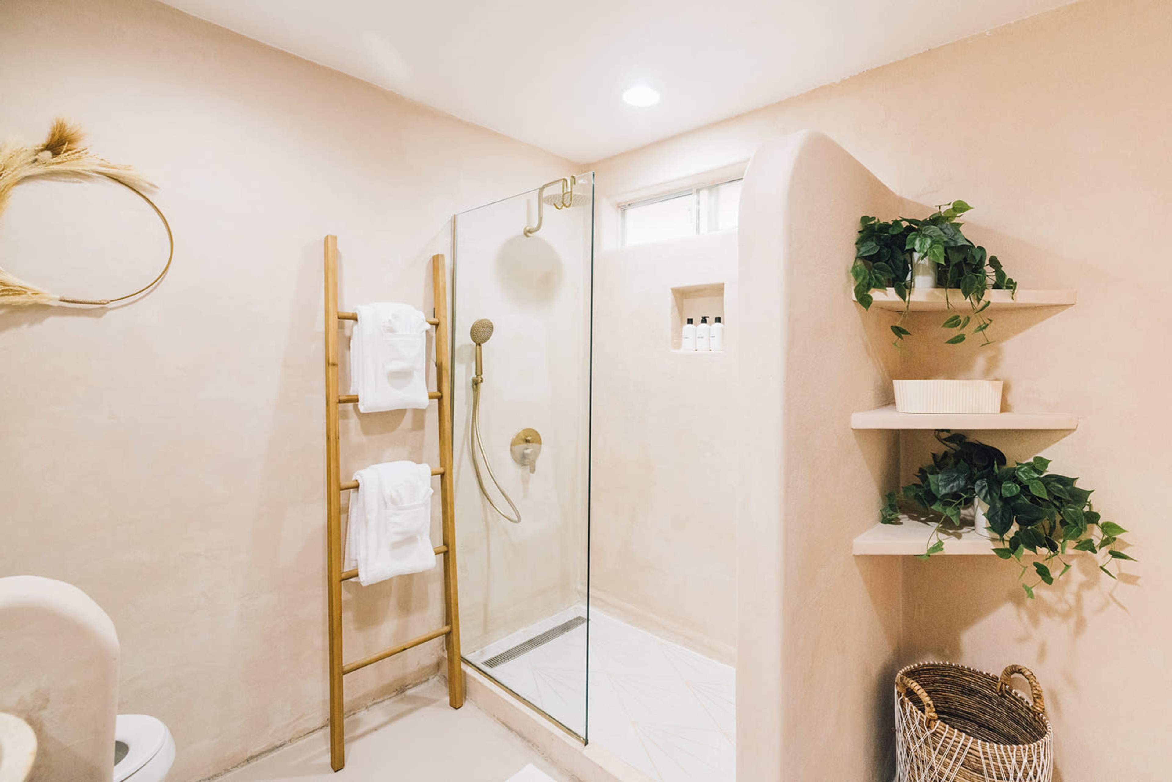 A modern bathroom featuring a glass shower, a ladder towel rack, and a small shelf with plants and toiletries against textured beige walls.