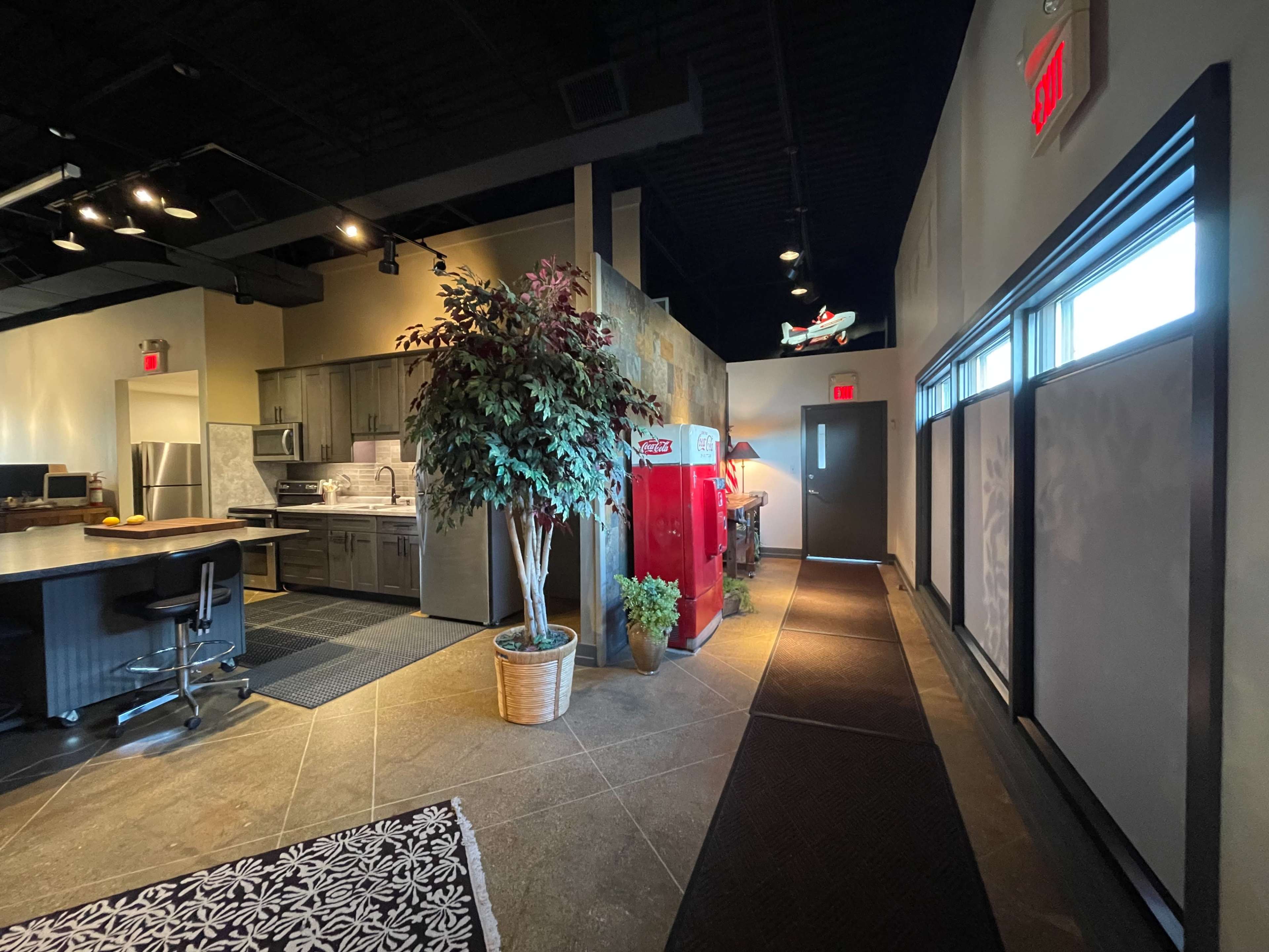 A modern kitchen area with a red vintage refrigerator, a plant near the entrance, and a hallway leading to a door with an airplane model hanging above.
