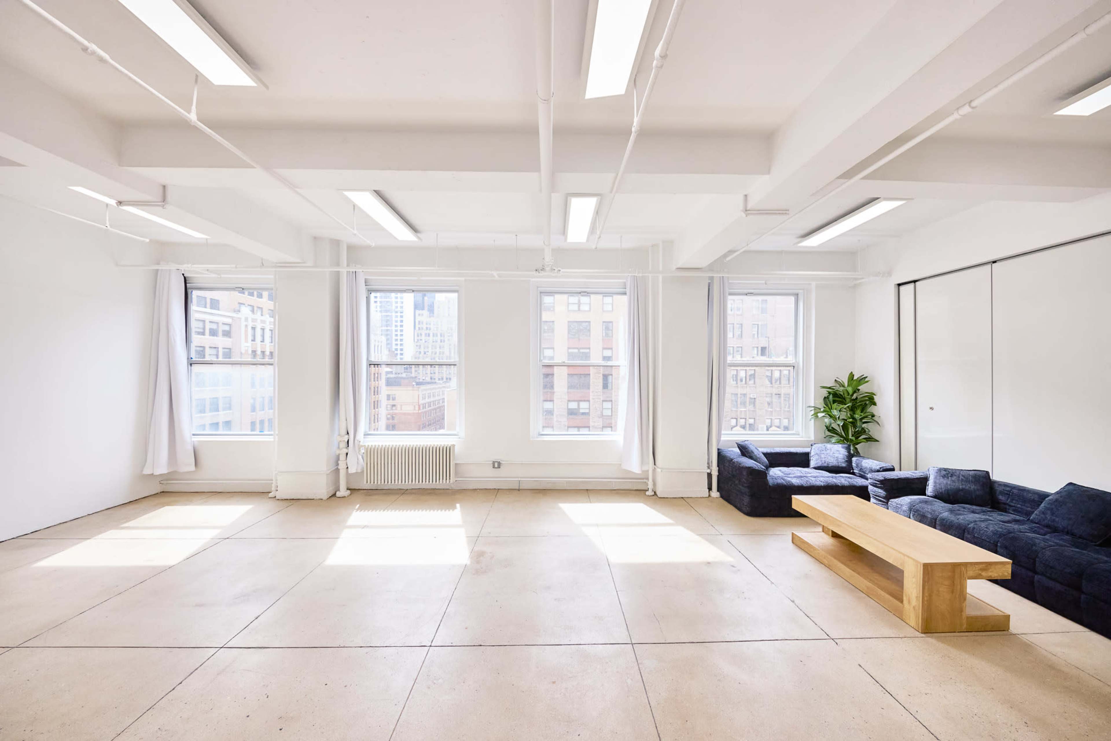 The image shows a spacious, well-lit office area with large windows, a wooden coffee table, a dark sofa, and a potted plant.