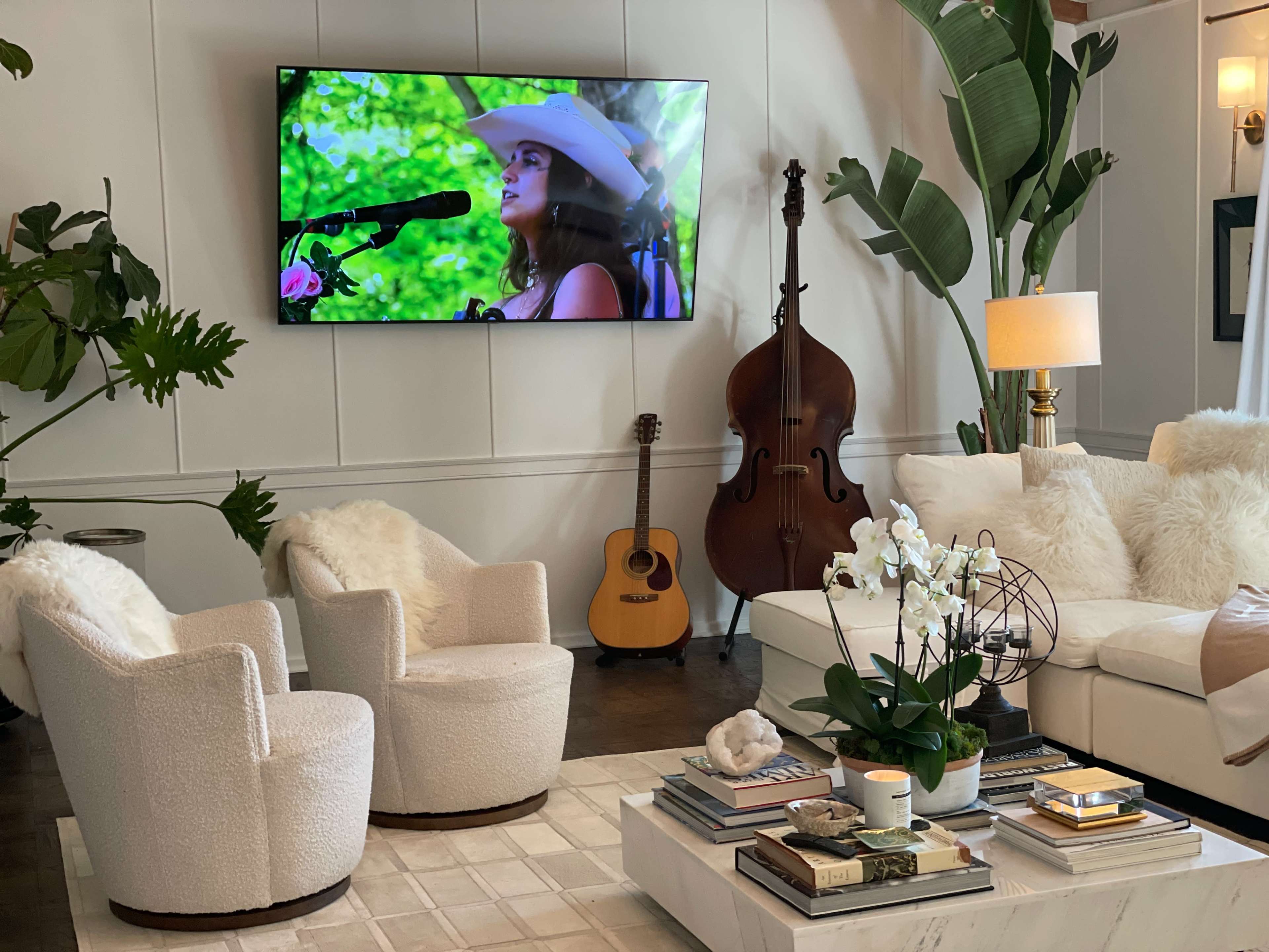 A cozy living room features a television displaying a singer, with a guitar and double bass in the background, surrounded by plants and stylish furniture.