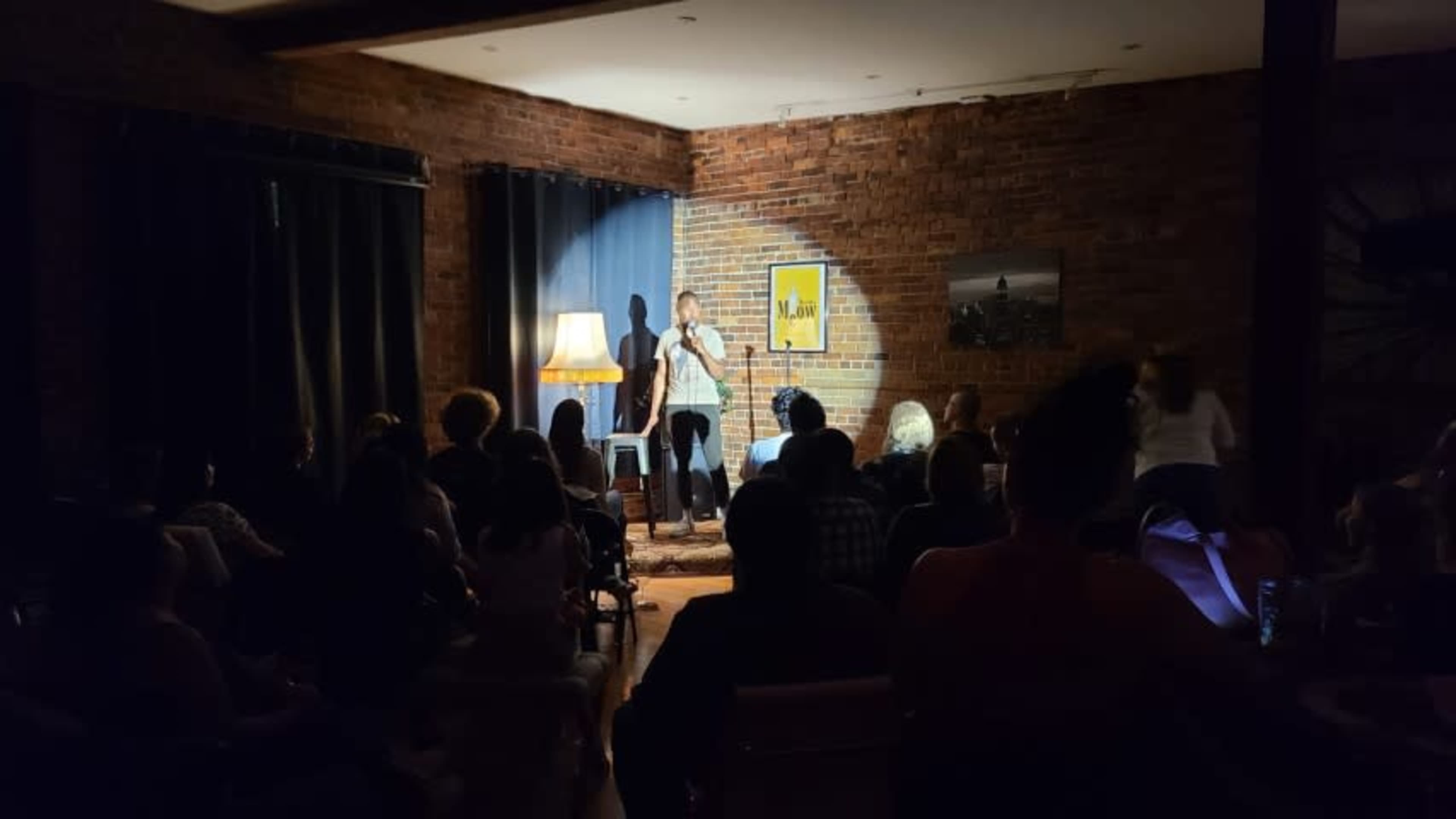A comedian performs on stage in a dimly lit room filled with an audience seated in front of a brick wall.