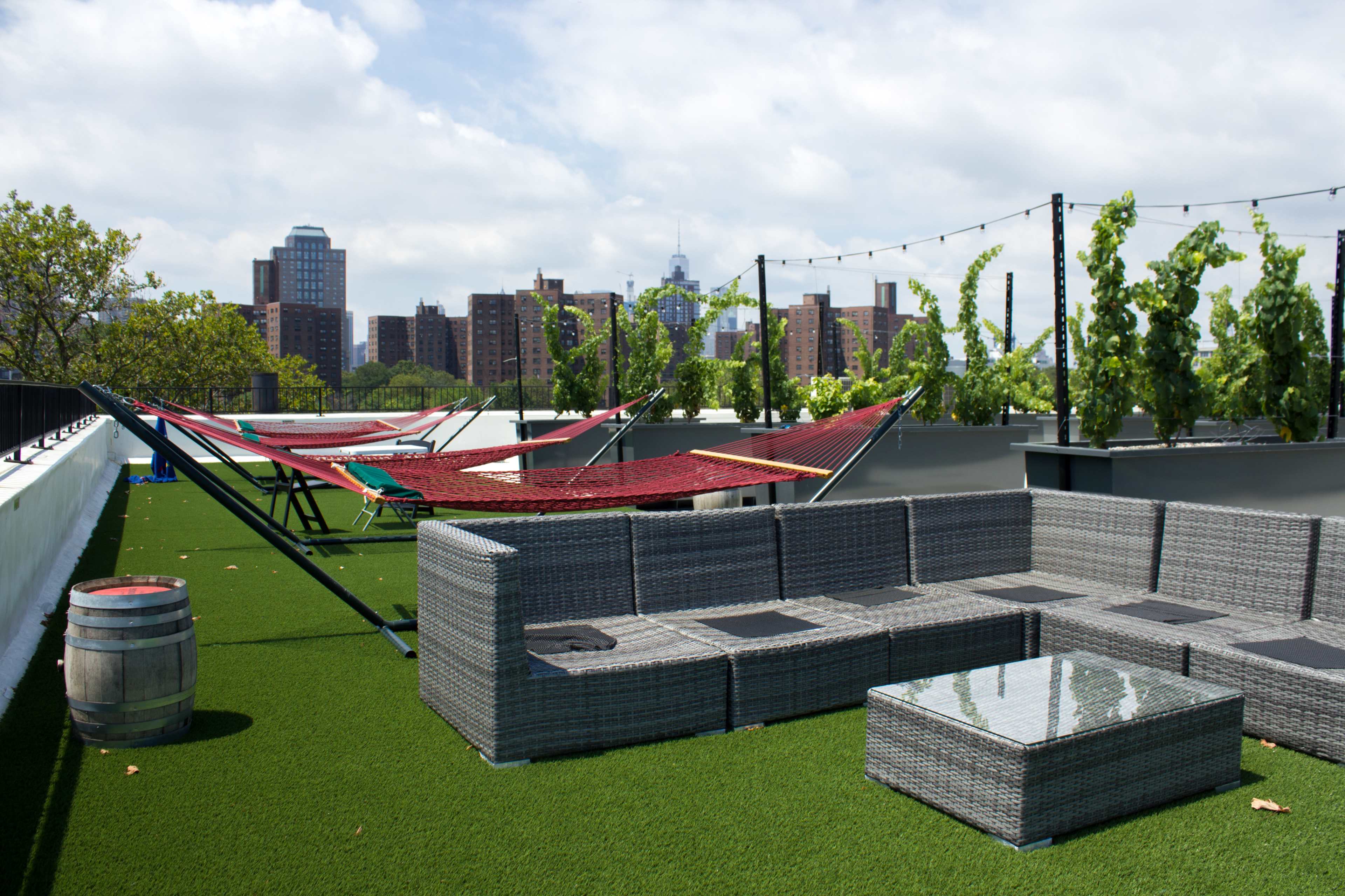 A rooftop area with several hammocks, a large seating arrangement, and vines growing along a railing, overlooking a city skyline.