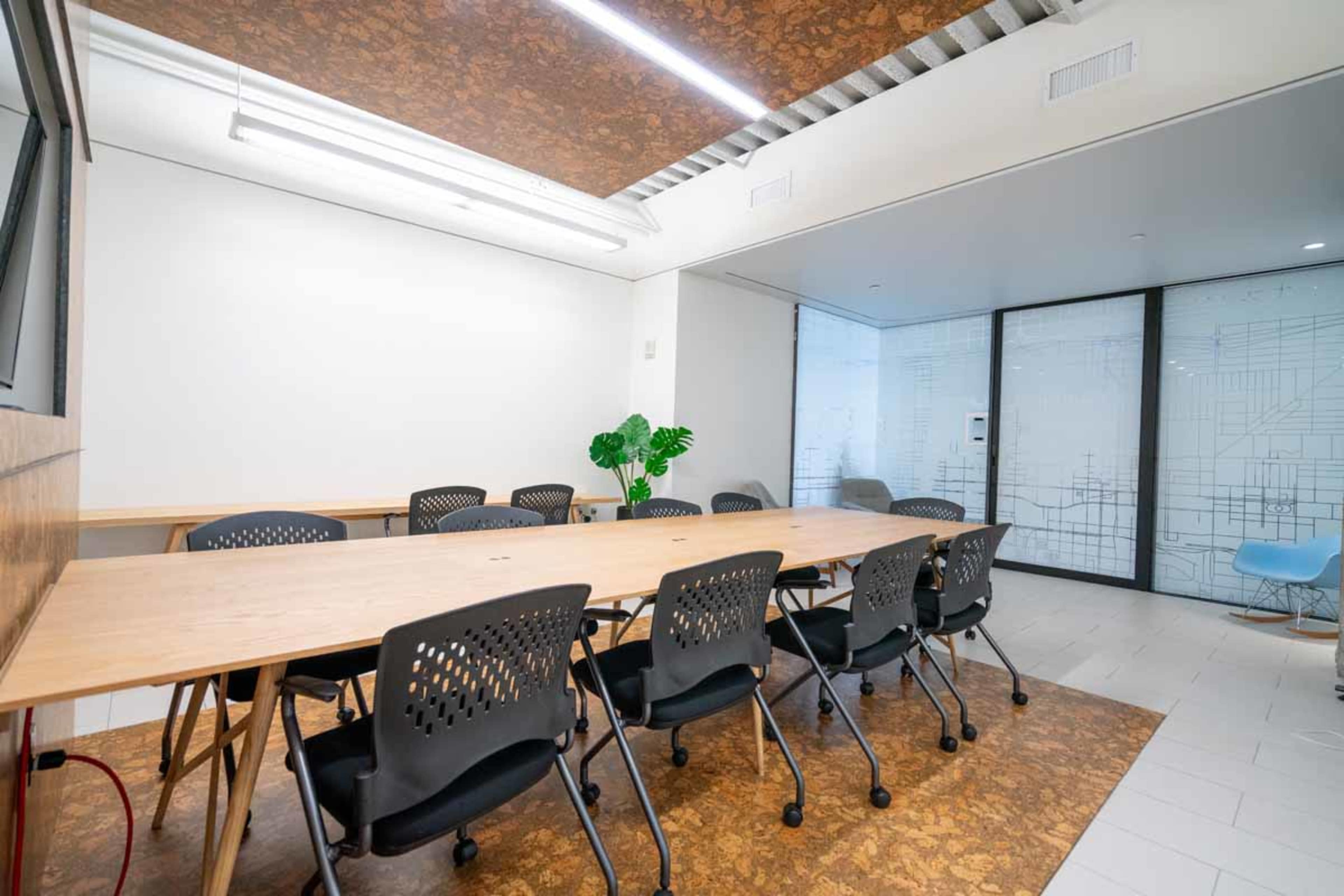 A modern conference room features a long wooden table surrounded by black chairs and a potted plant in the corner.