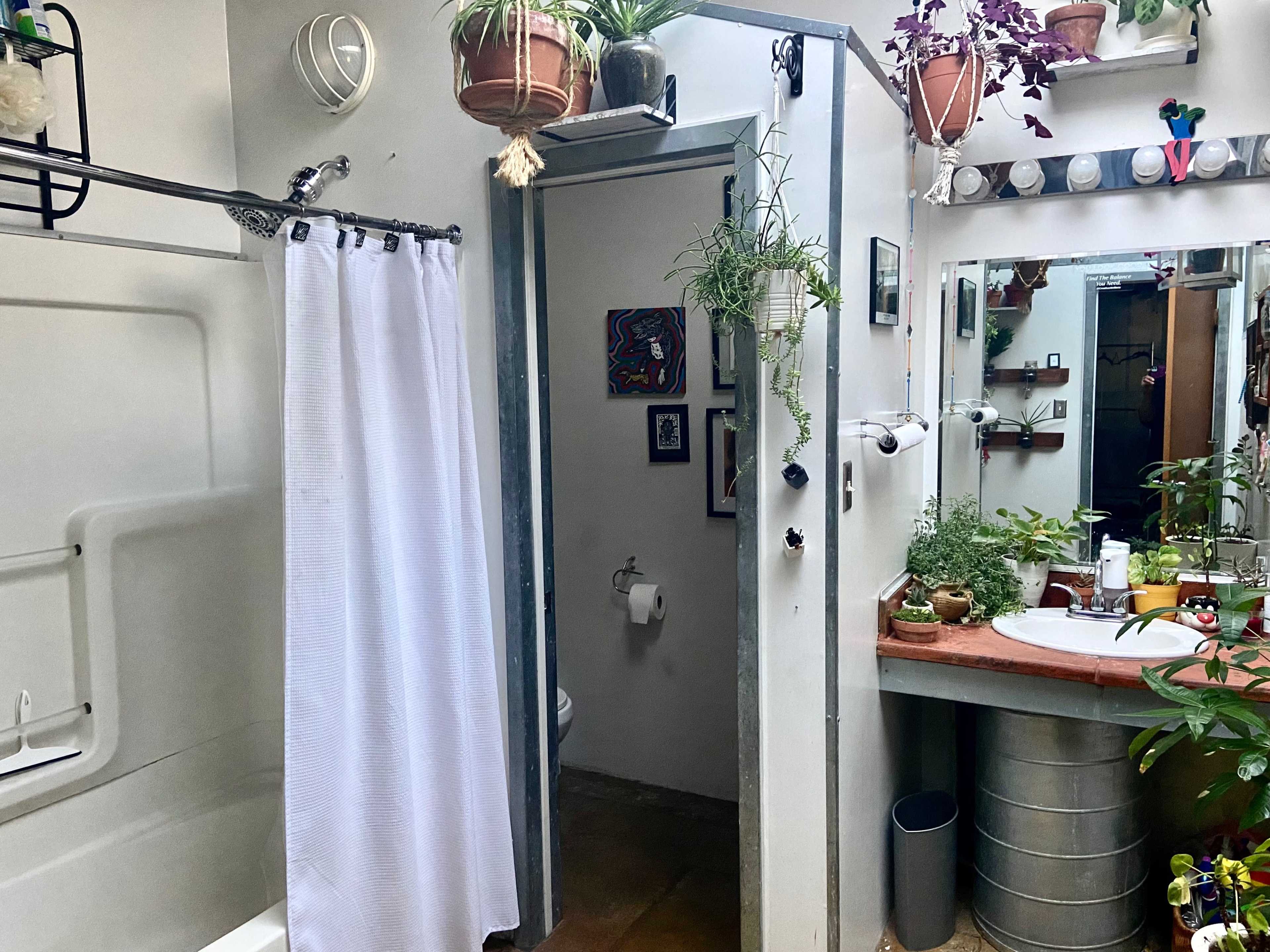 The image shows a compact bathroom with a shower curtain, a toilet, a sink surrounded by plants, and various decorations on the walls.