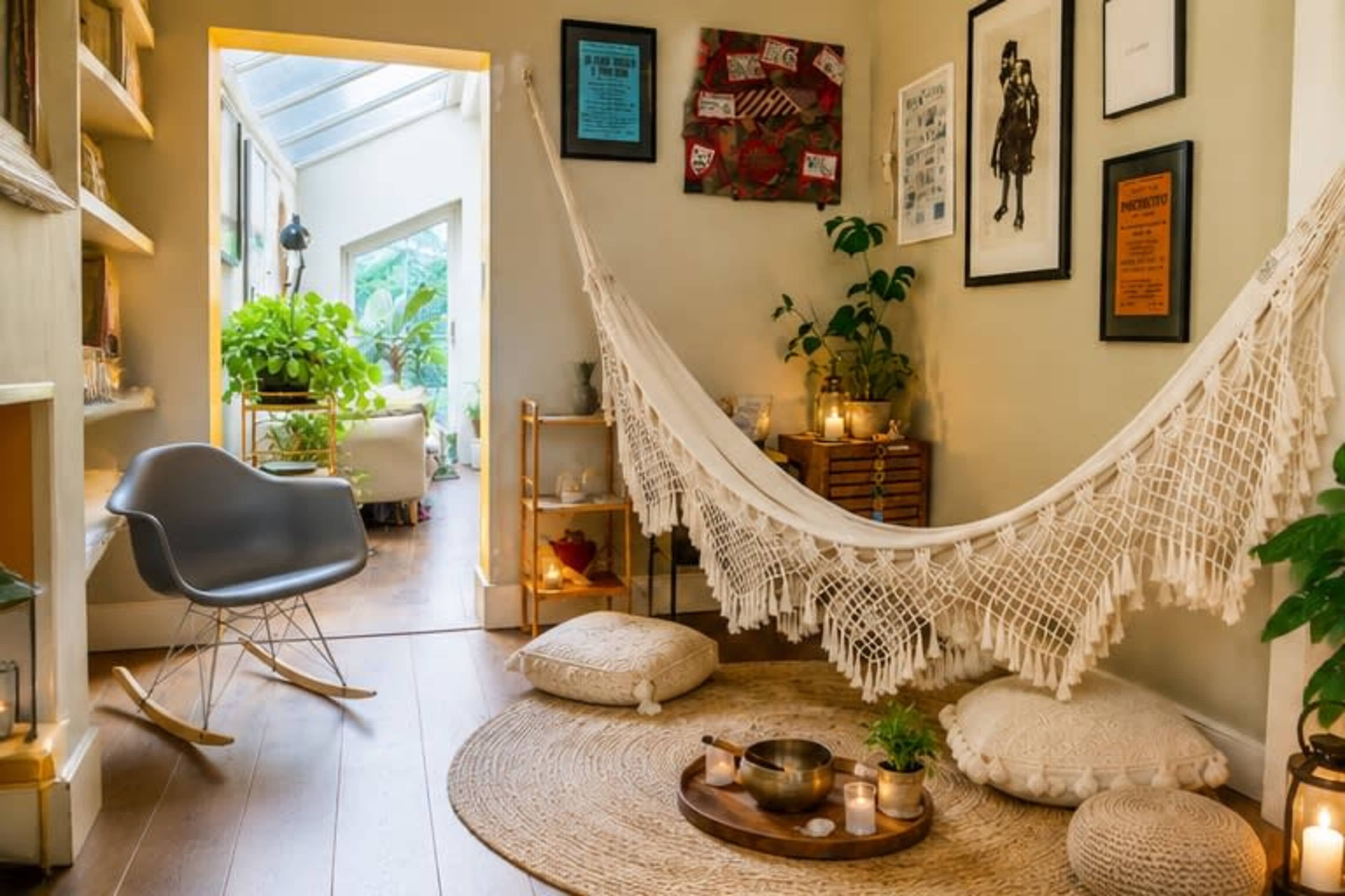 A cozy corner features a hammock surrounded by decorative cushions, potted plants, and soft lighting, leading to a bright room with a view of green foliage.