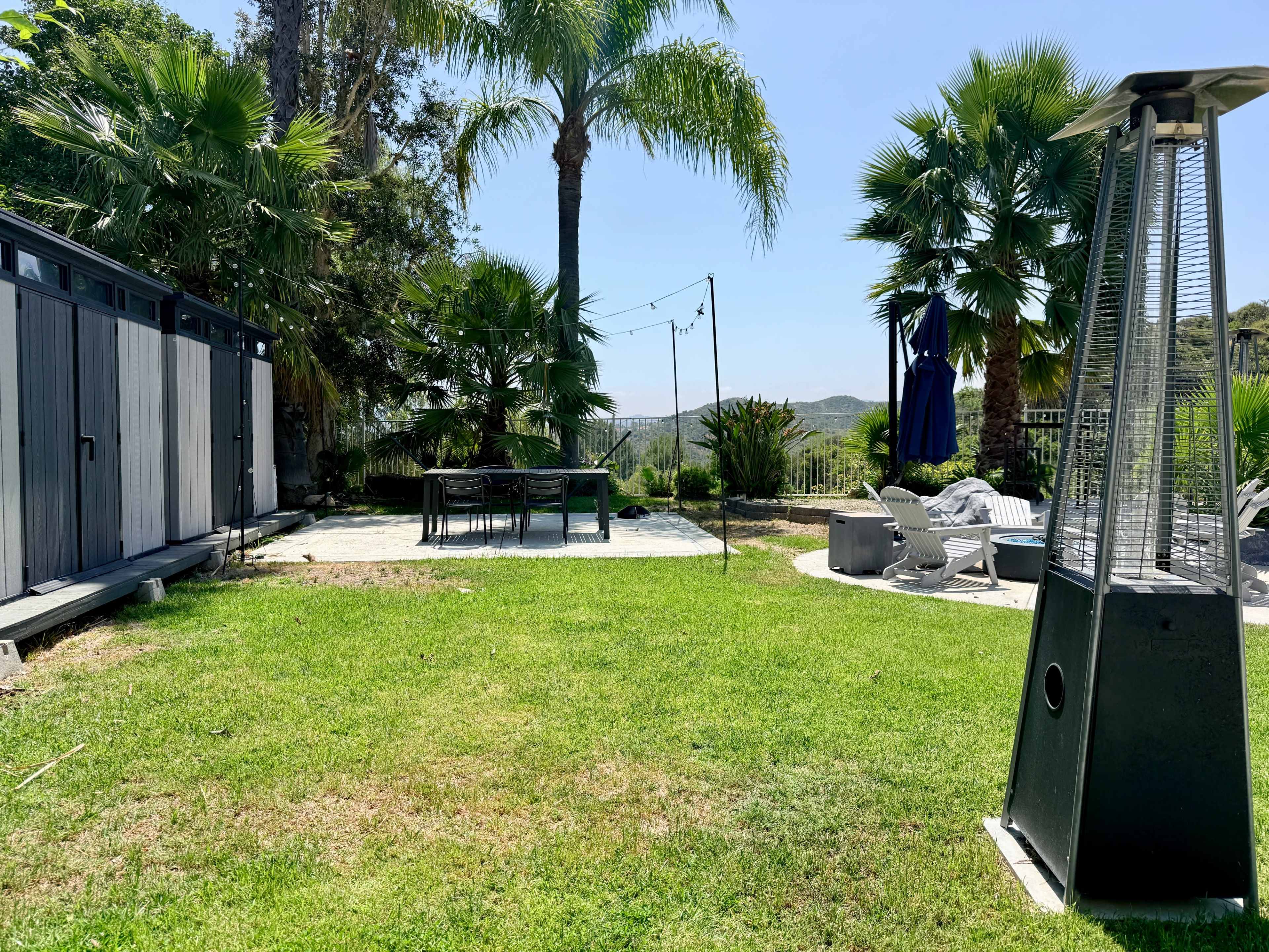 The image shows a landscaped outdoor area featuring palm trees, a patio set, a portable heater, and a view of hills in the background.
