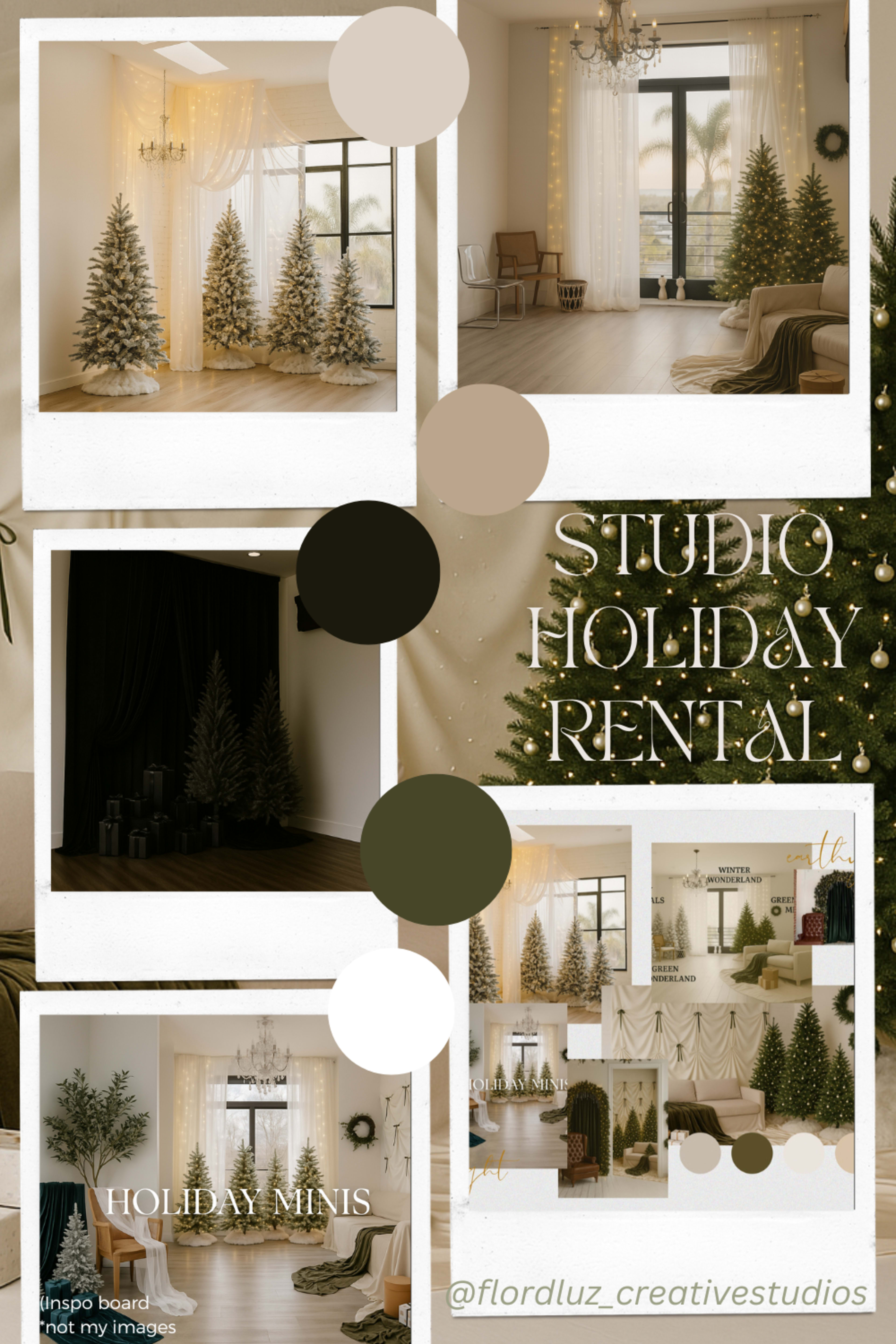 The image showcases a collection of holiday-themed studio rental setups featuring decorated Christmas trees and festive backdrops.