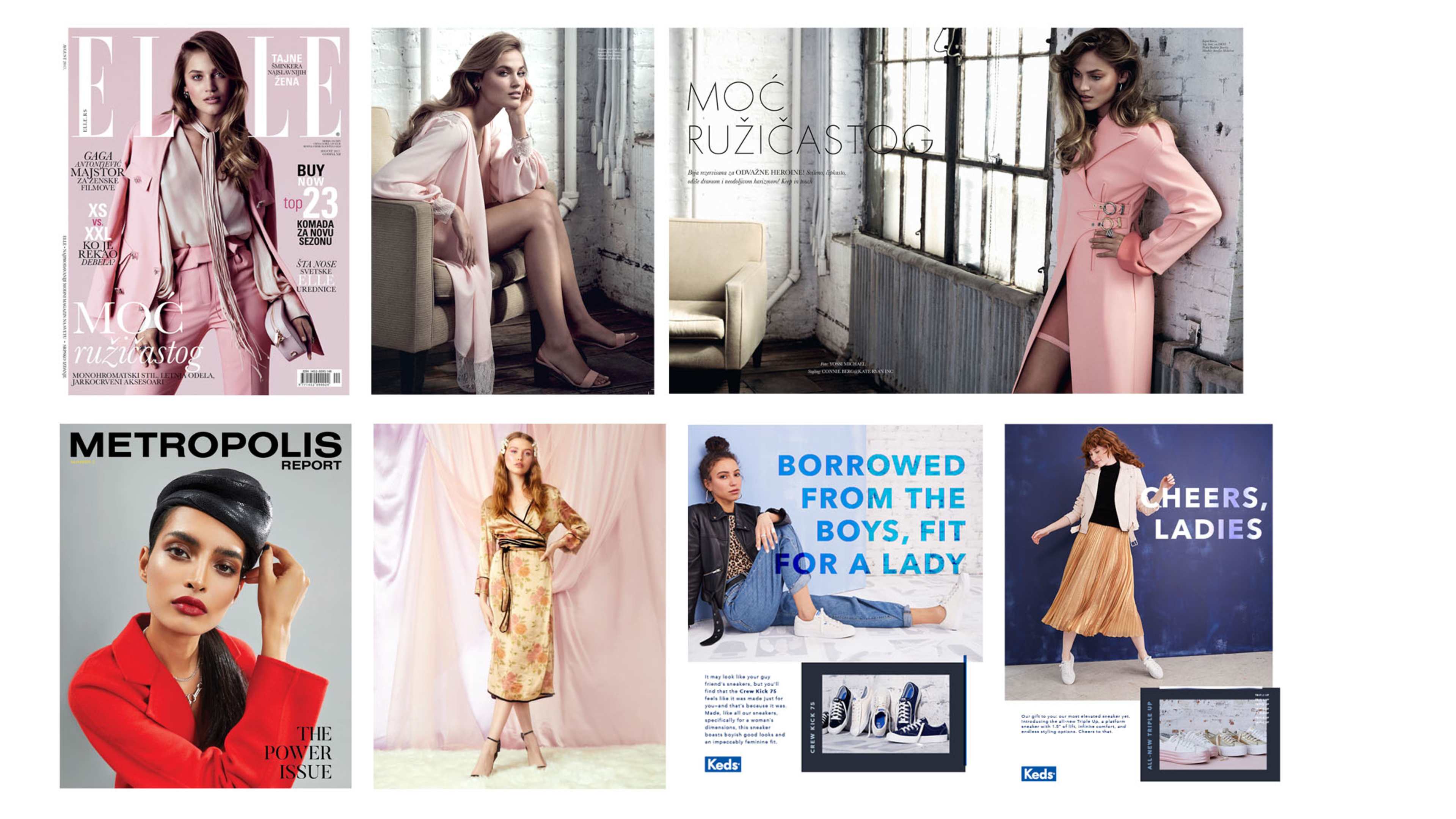 A collage of magazine covers and fashion spreads featuring models in various stylish outfits set against minimalist backgrounds.