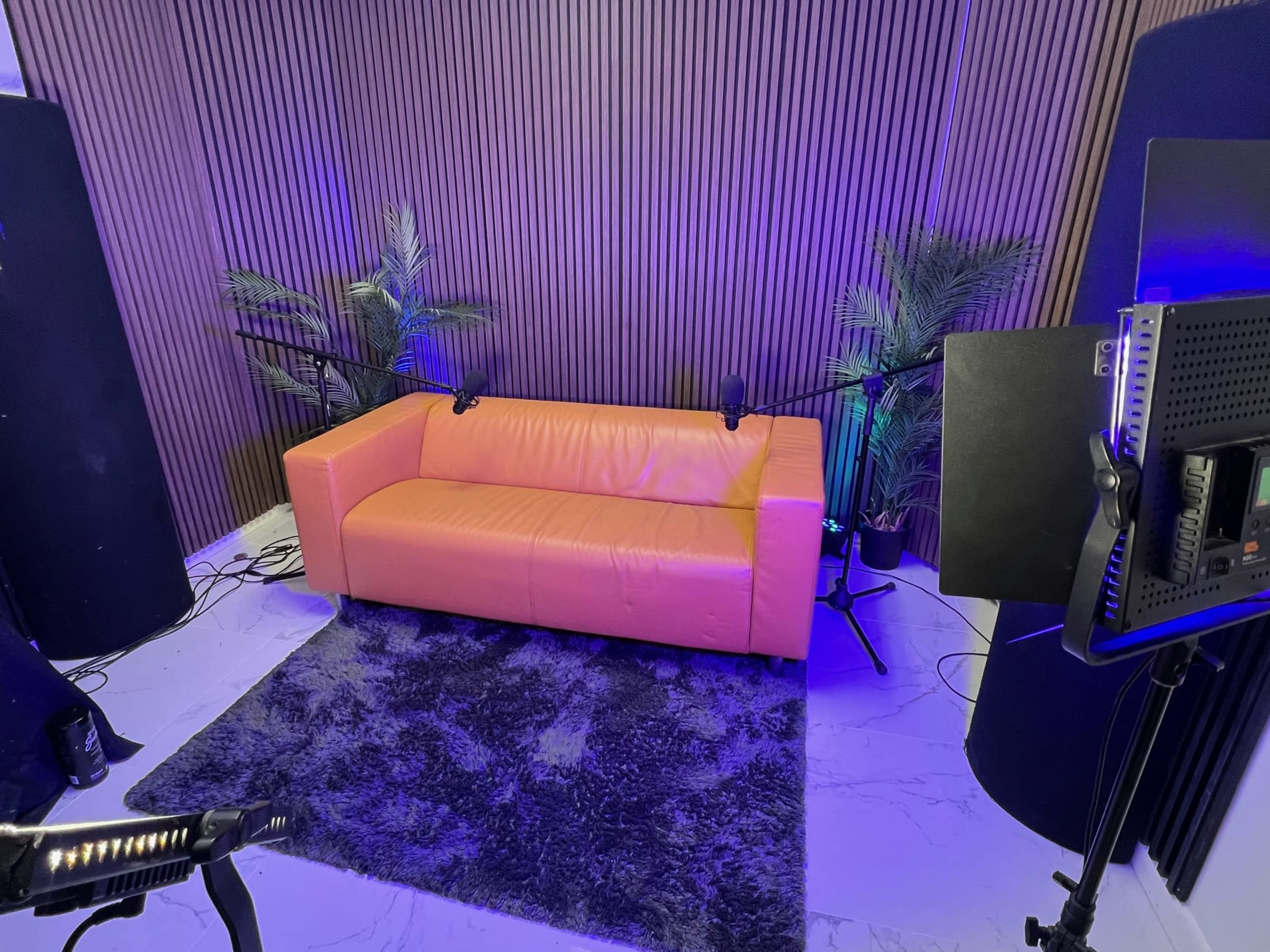 The image shows a modern studio setting featuring an orange couch, black microphones on stands, and two dark panels, with blue lighting and green plants in the background.
