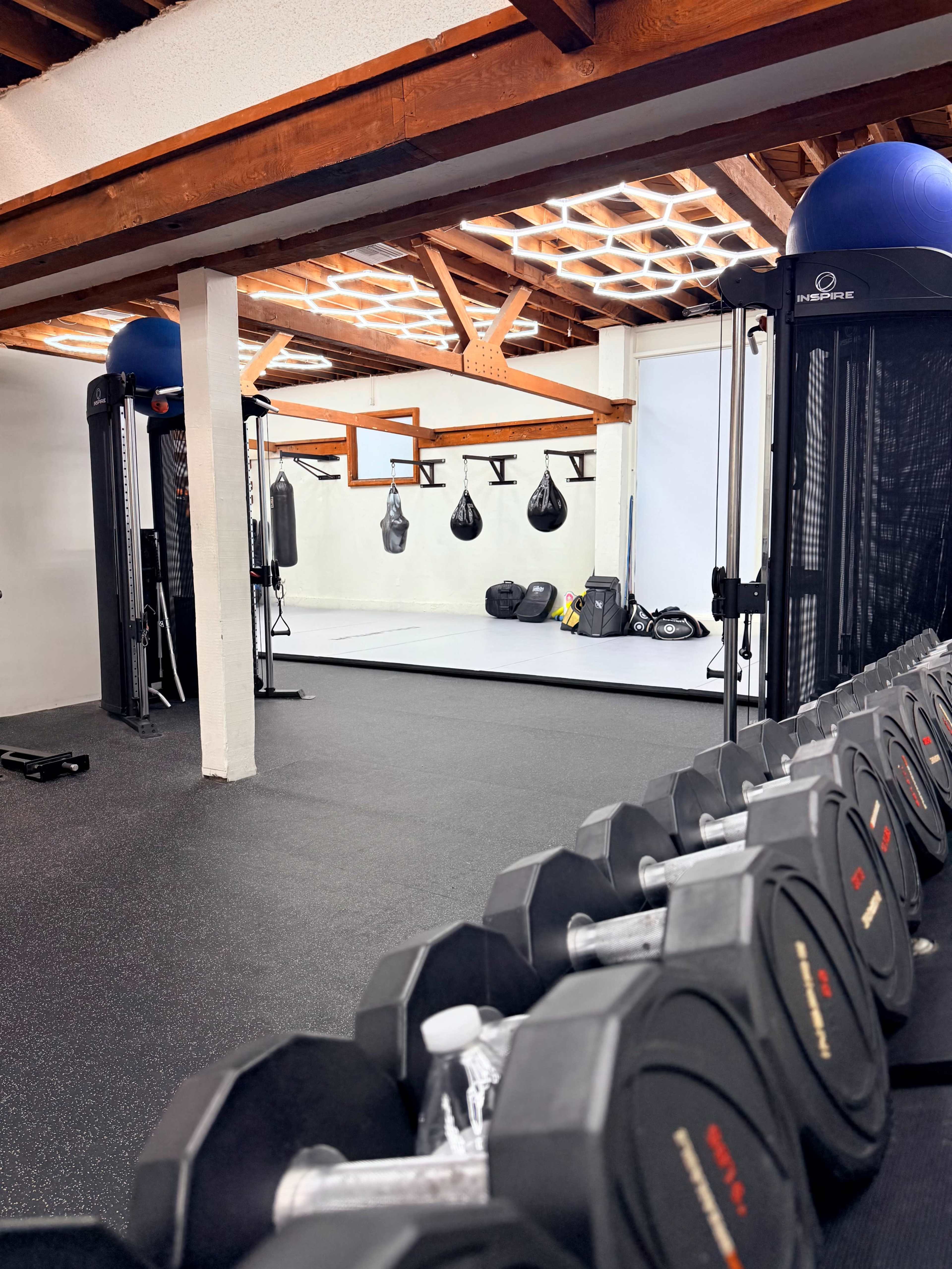 The image shows a gym interior with a row of dumbbells in the foreground, various punching bags hanging on the wall, and workout machines on the side.
