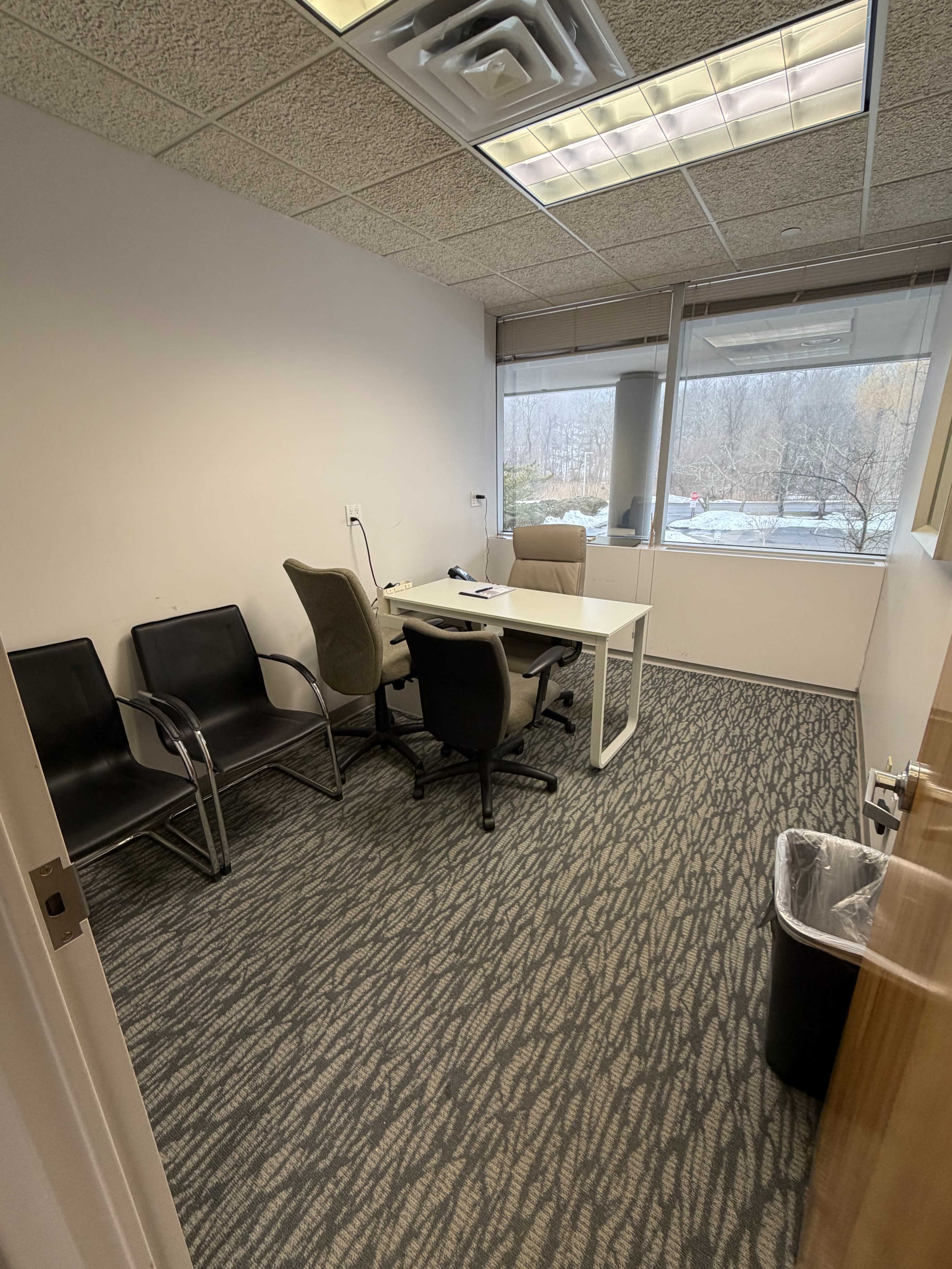 The image shows a small office space with four chairs, a desk, and large windows overlooking a wooded area outside.