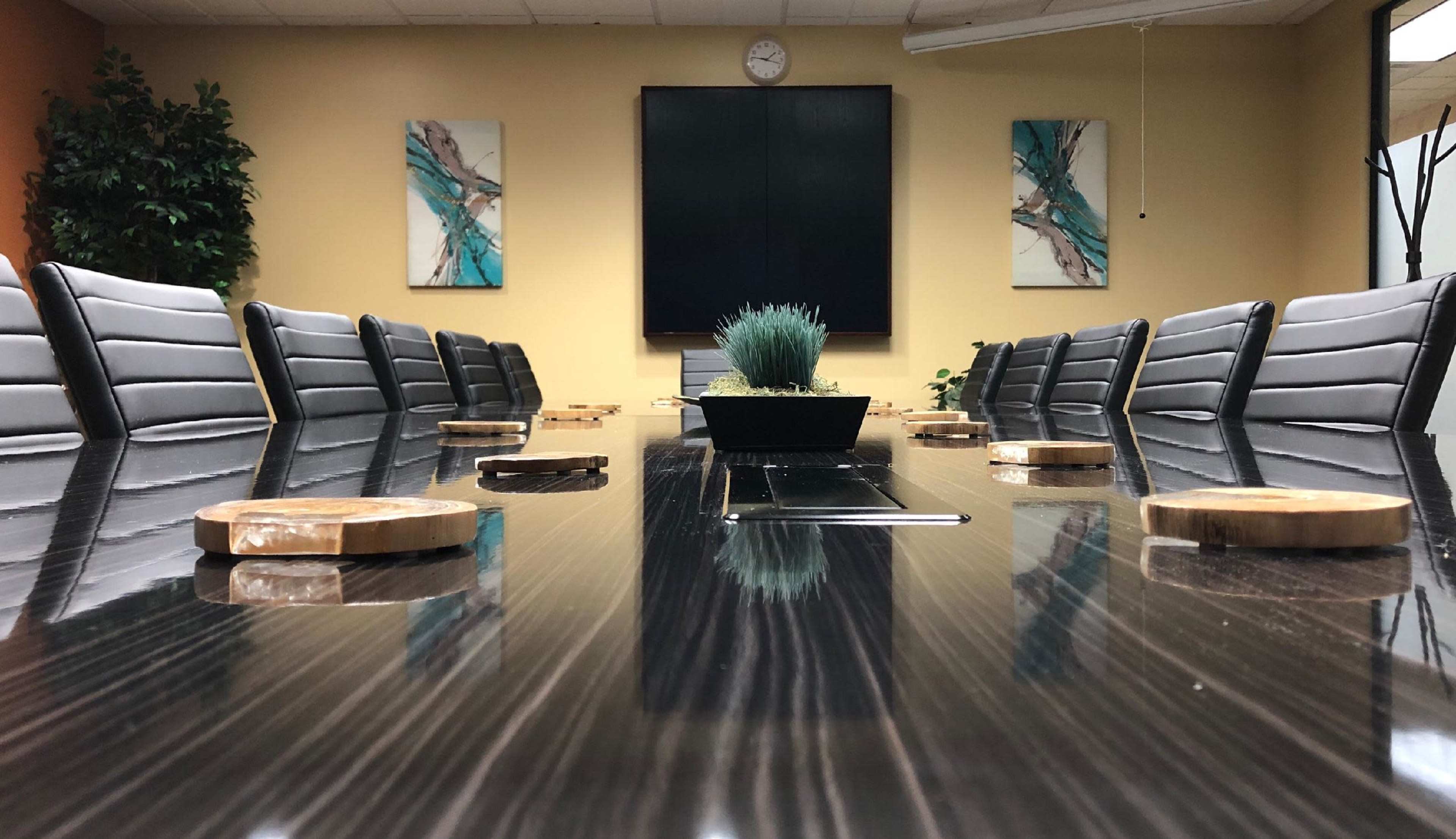 A modern conference room features a long table surrounded by black leather chairs, with a plant centerpiece on the table and abstract artwork on the walls.