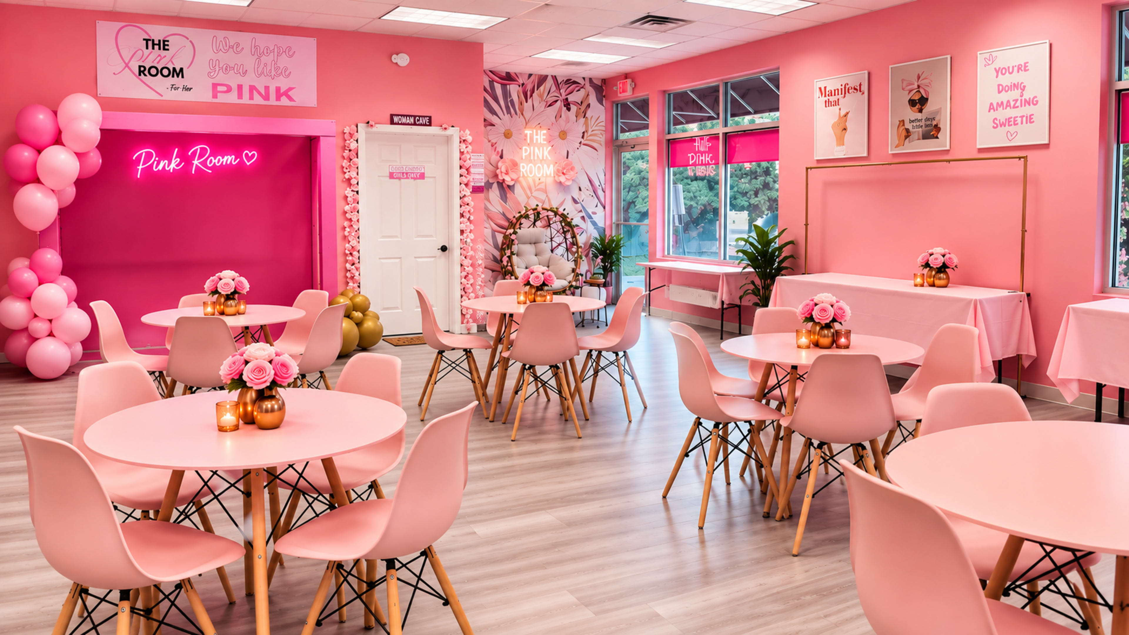 The image shows a bright, pink-themed event space with round tables, chairs, and decorative elements, including balloons and centerpieces.