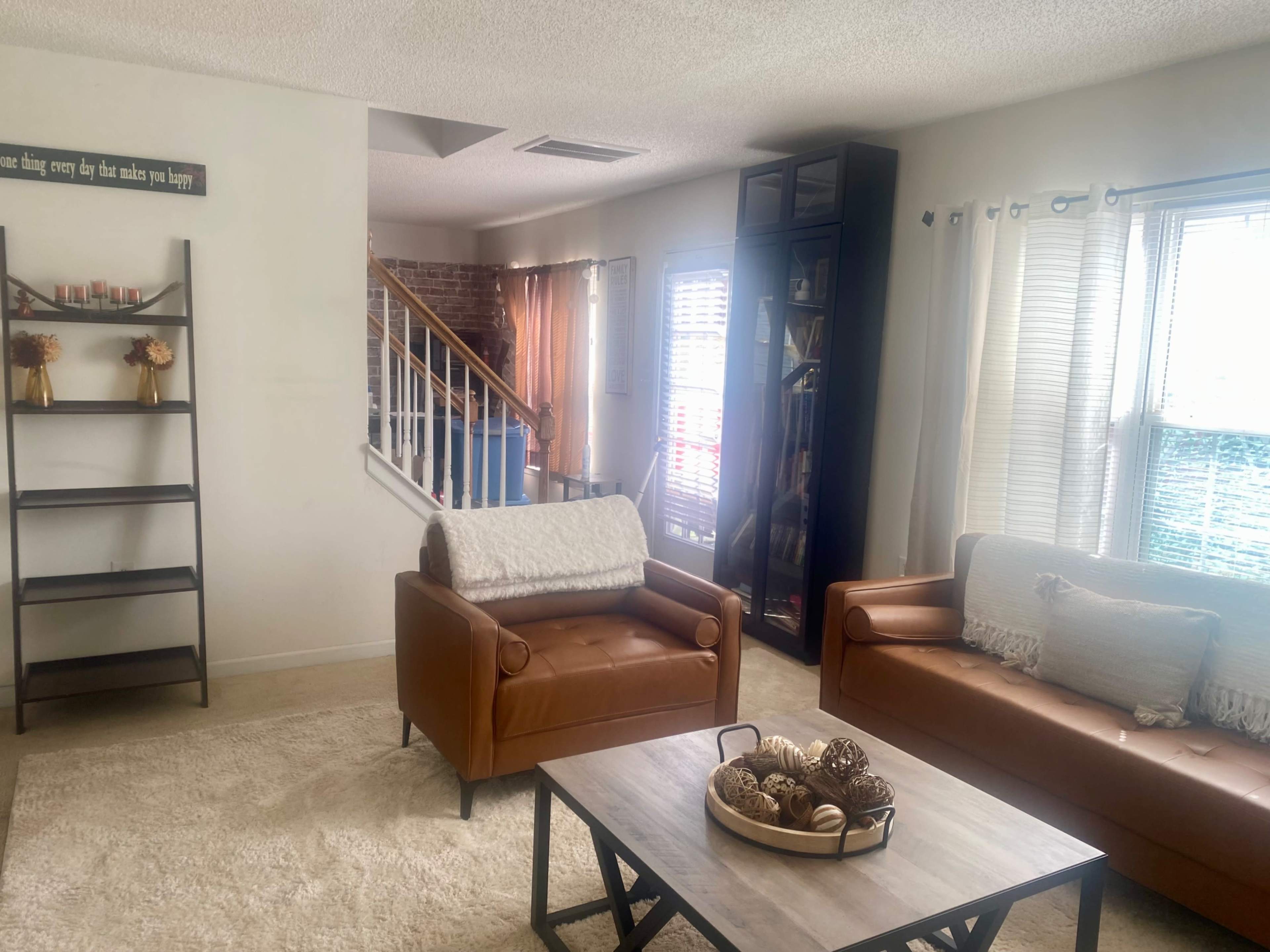 The living room features two brown leather sofas, a wooden coffee table with decorative items, and a bookshelf, with light streaming in through the windows.