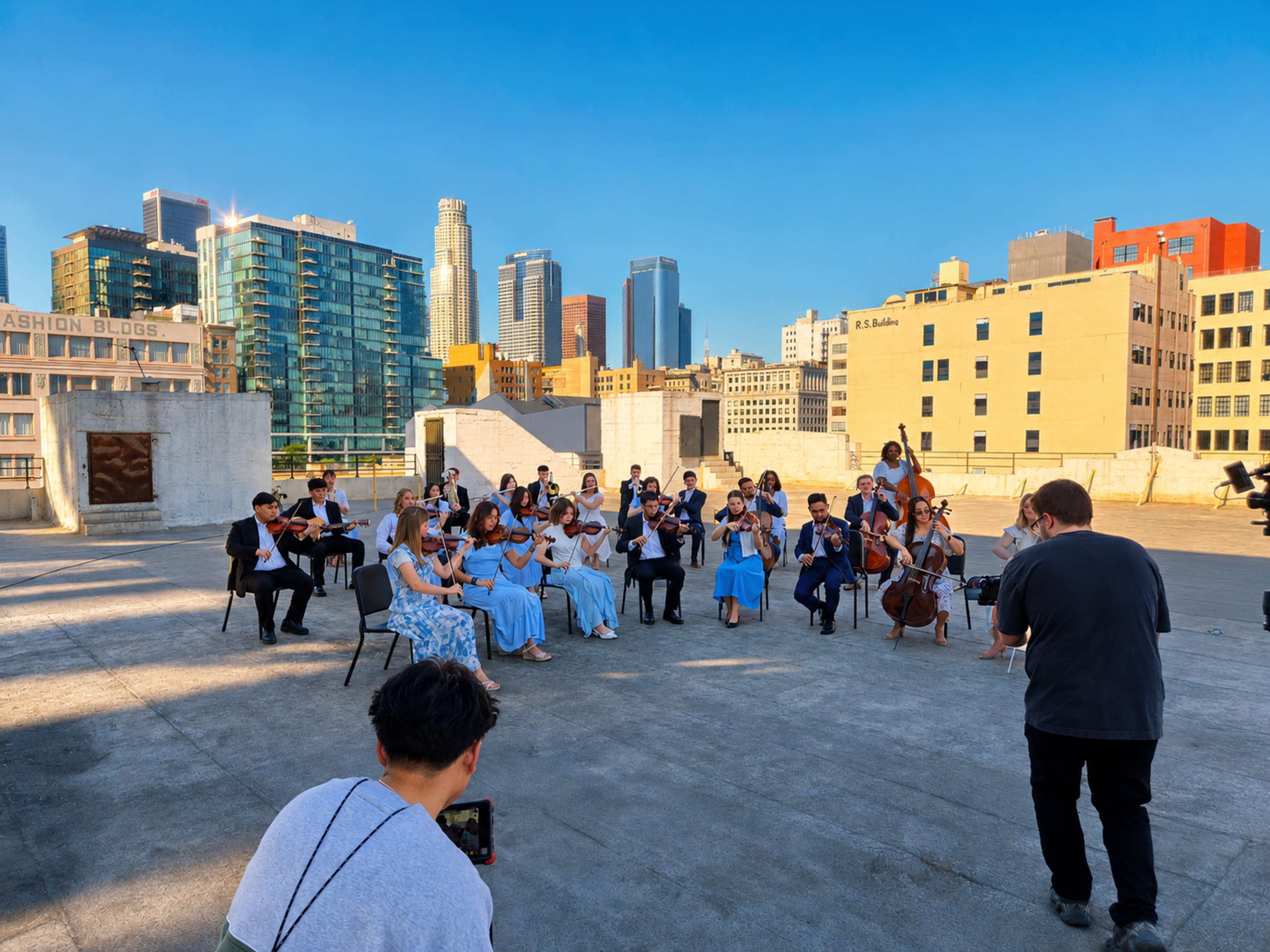 A string orchestra performs on a rooftop with a city skyline in the background.