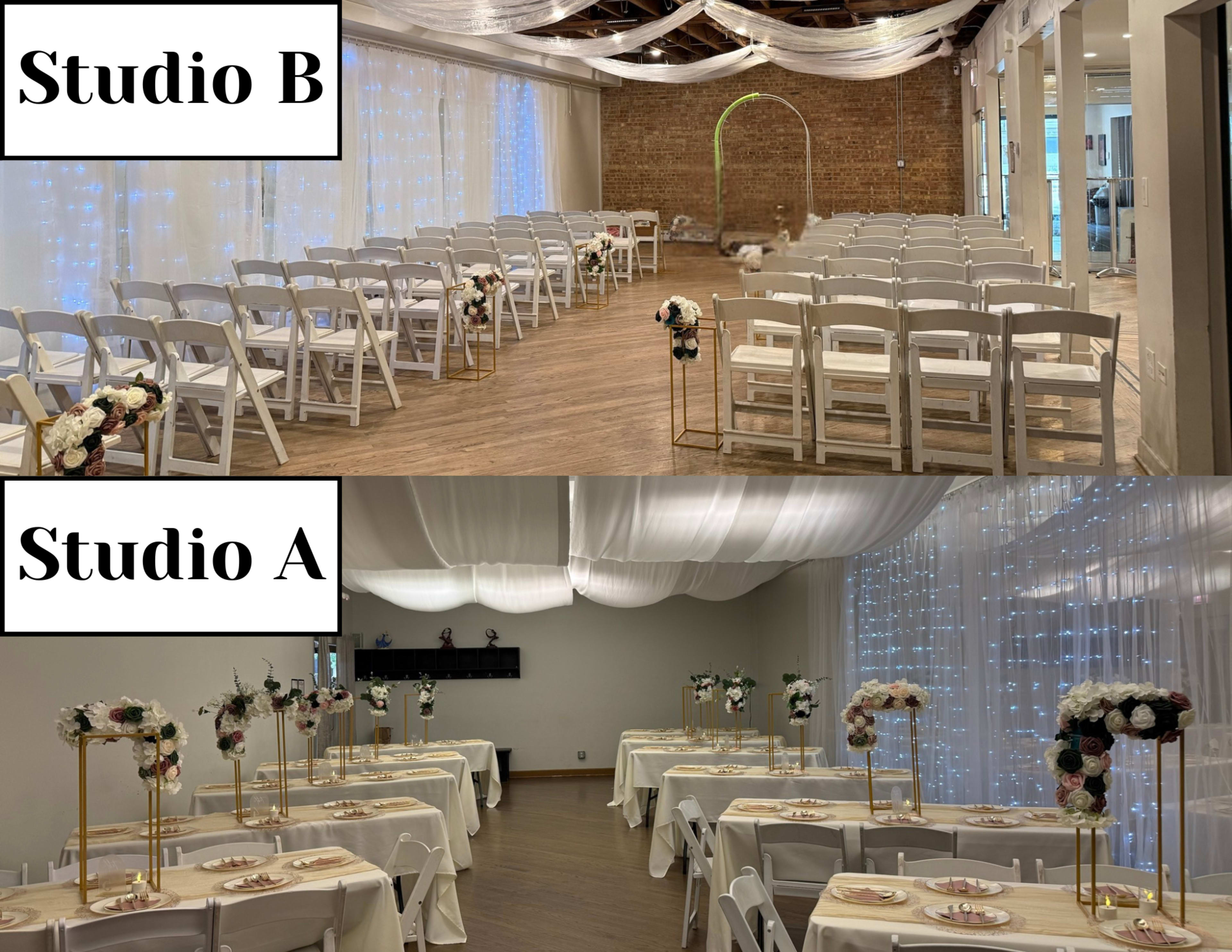 The image displays two event spaces labeled "Studio A" and "Studio B," with Studio A featuring elegantly set dining tables and Studio B arranged for a ceremony with rows of white chairs.