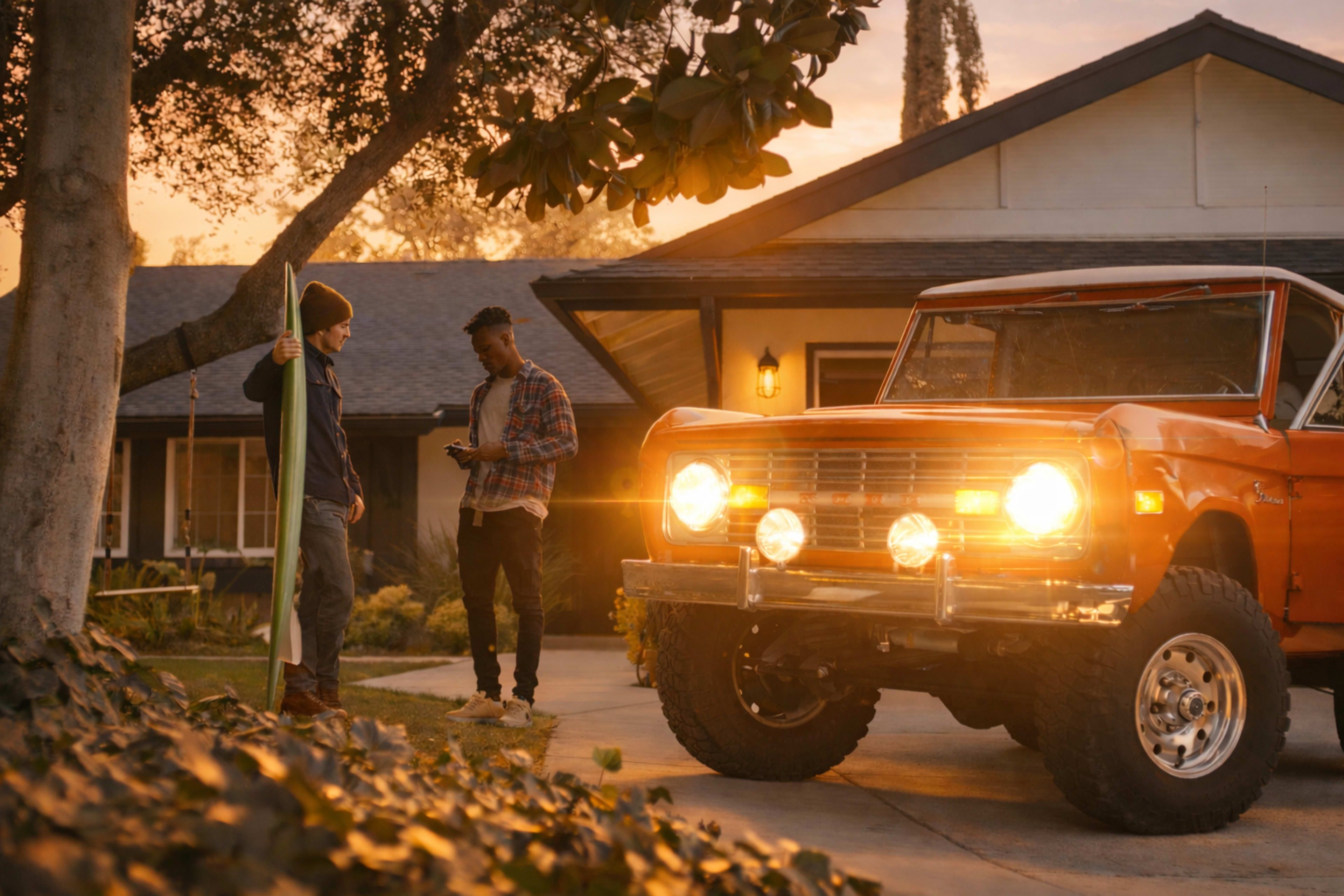 Two men stand outside a house at sunset, one holding a surfboard while the other is looking at a smartphone next to an orange vintage truck.