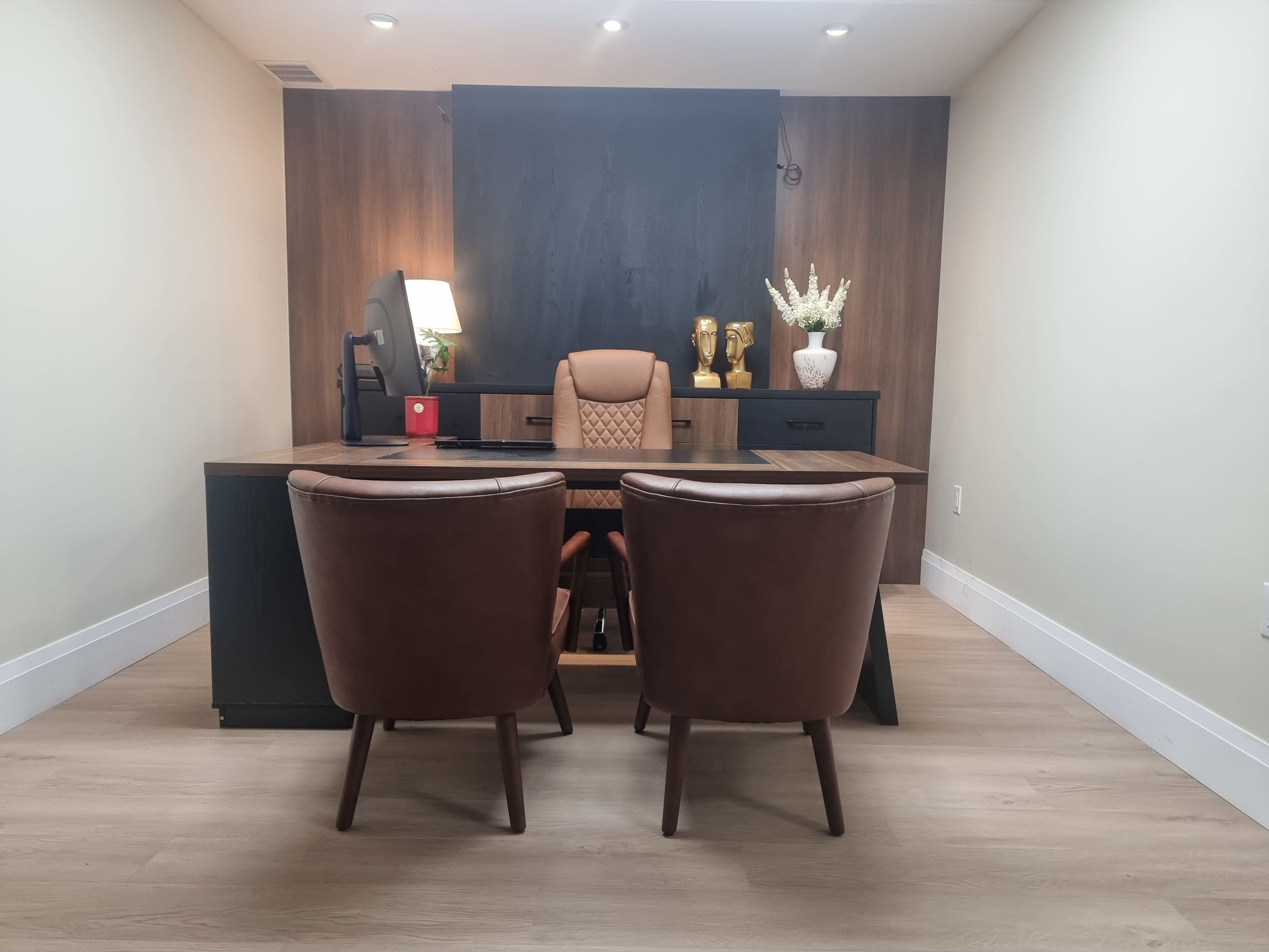 The image shows a modern office space with a wooden desk, two brown chairs facing it, and decorative elements including awards and a plant.