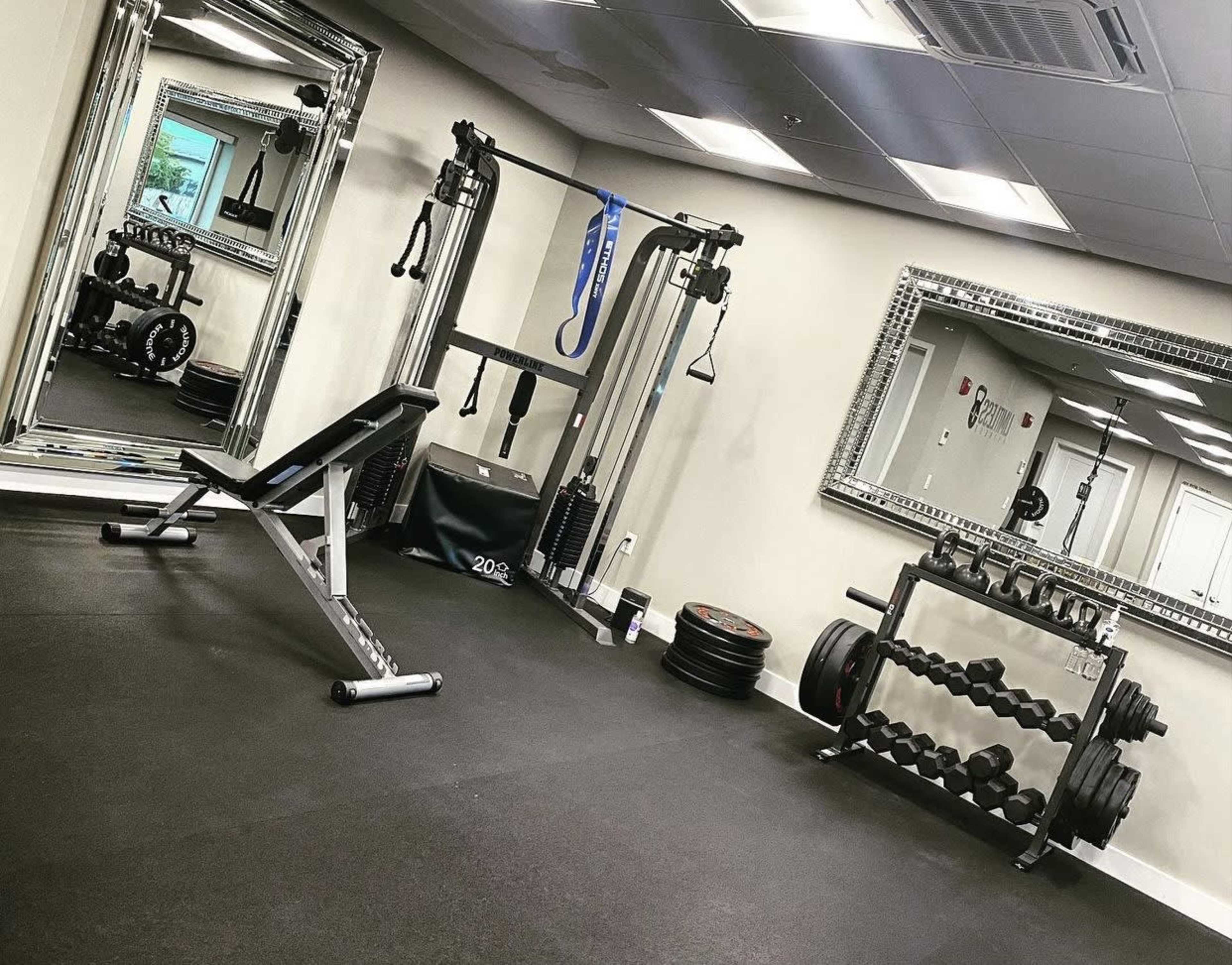 The image shows a well-equipped gym featuring a weight bench, various weights on a rack, and resistance machines against a mirrored wall.