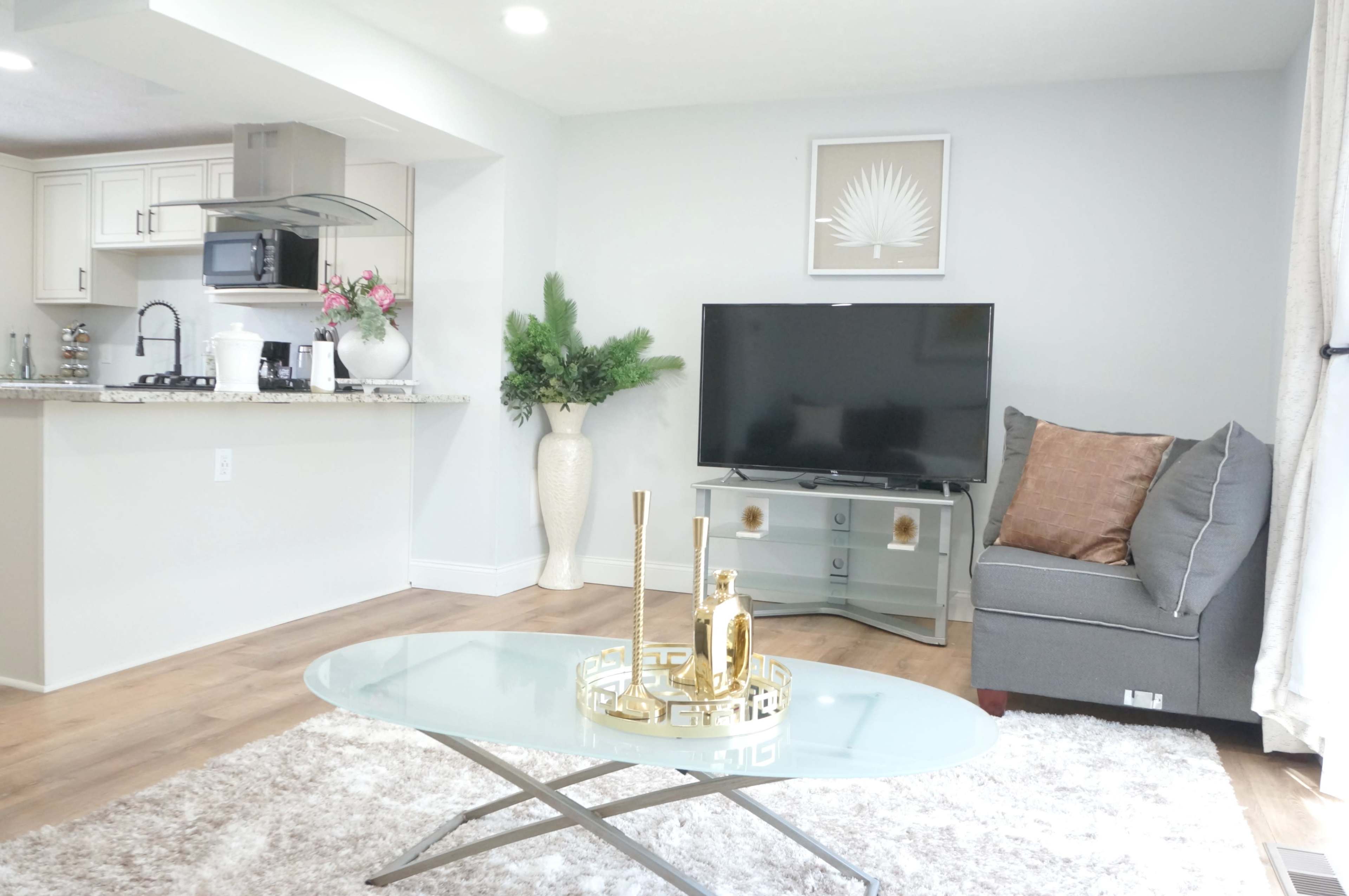 The image shows a modern living room with a gray couch, a glass coffee table, a television on a stand, and a kitchen area visible in the background.