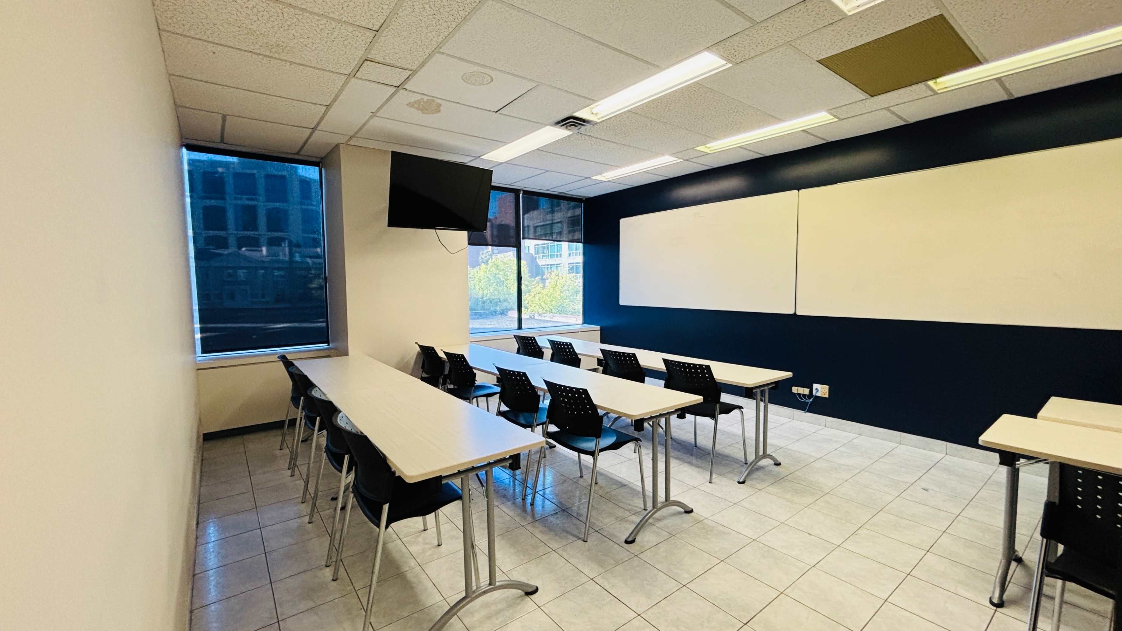 A classroom featuring several long tables with black chairs, a television mounted on the wall, and large windows allowing natural light to enter.