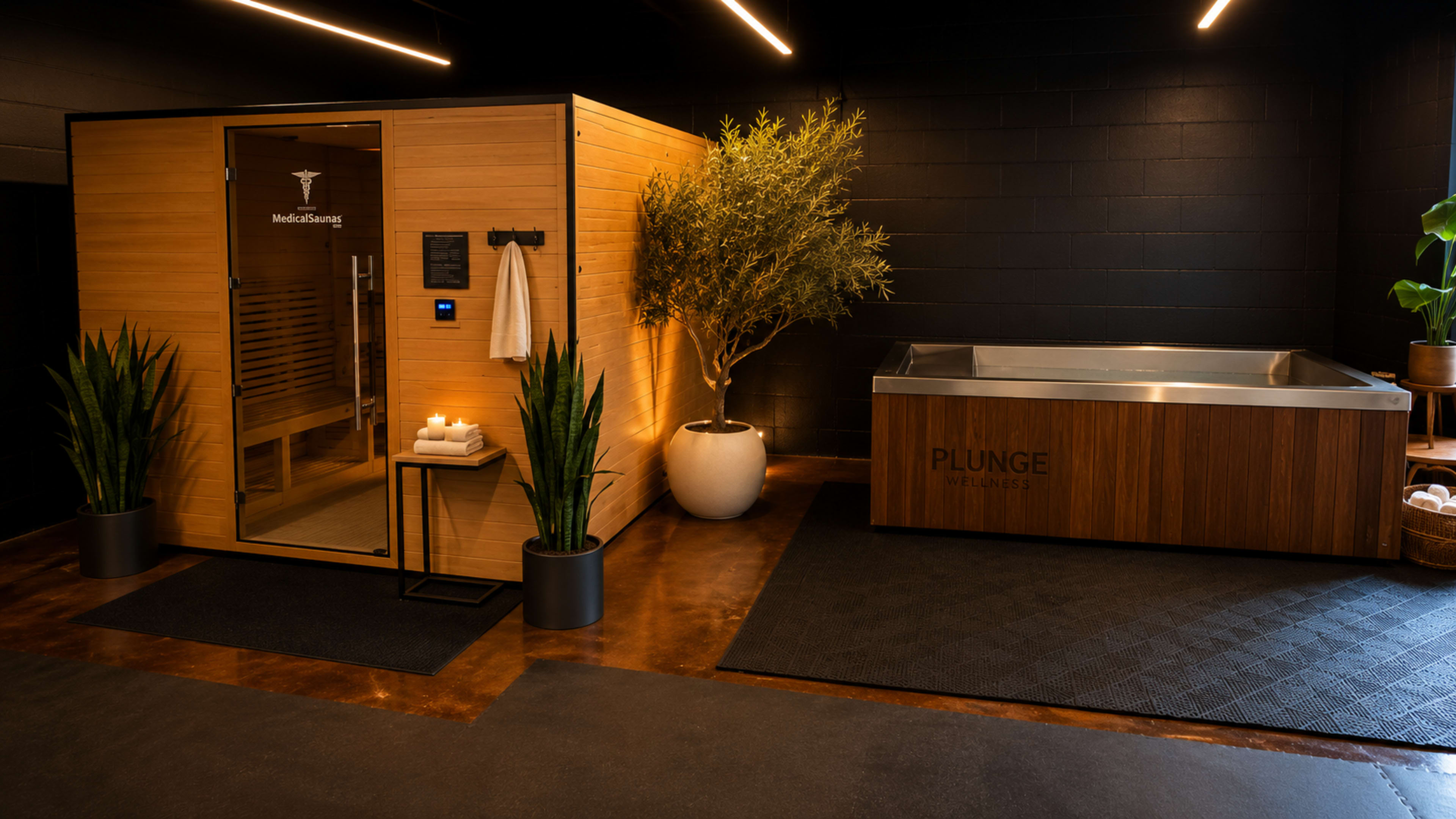 The image shows a modern spa area featuring a wooden sauna on the left and a stainless steel plunge tub on the right, surrounded by potted plants and a textured floor mat.