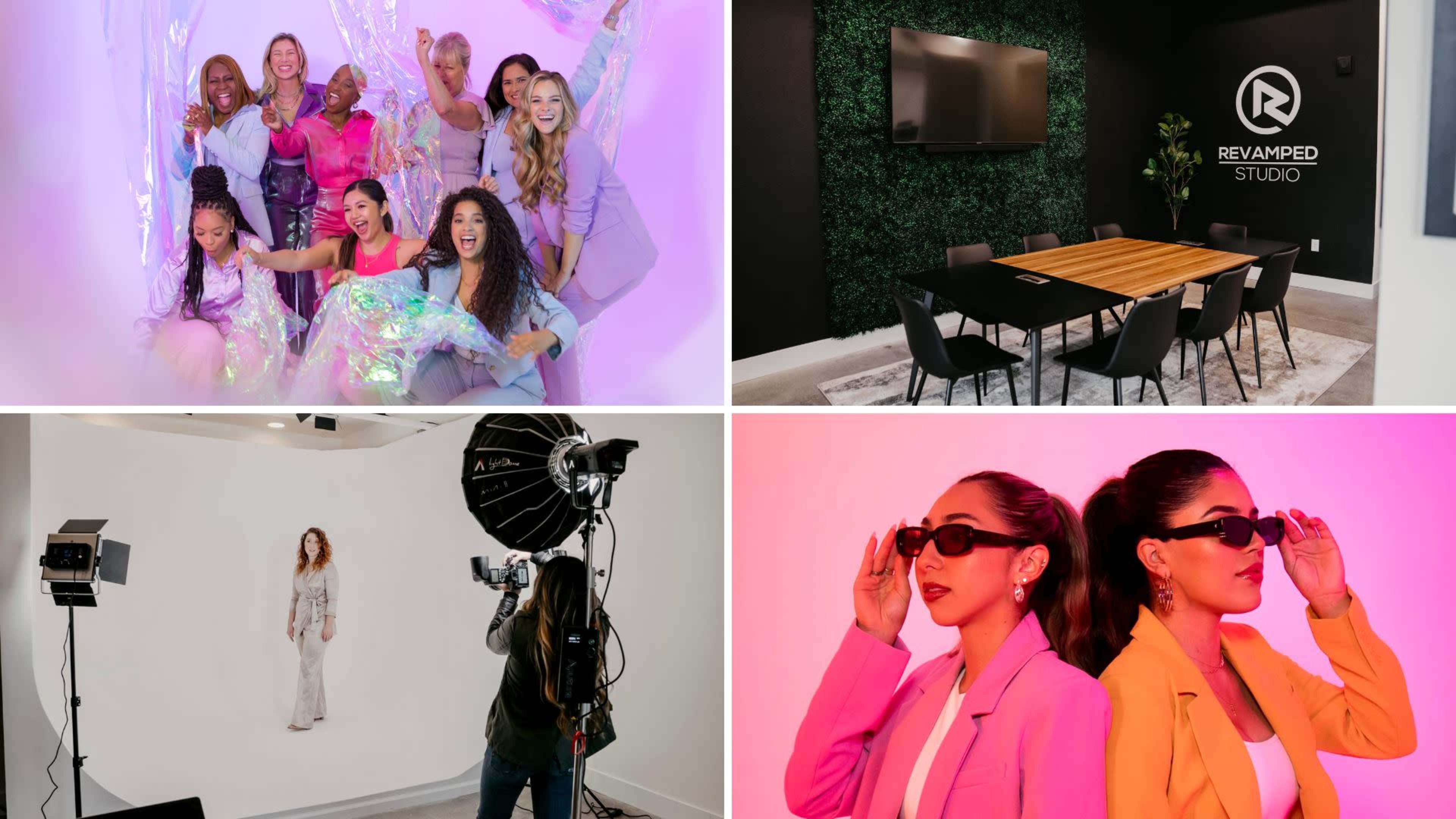 Four scenes: a group of women in colorful outfits posing together, a modern meeting room with a large table, a photoshoot setup with a model and lighting equipment, and two women wearing sunglasses against a vibrant background.
