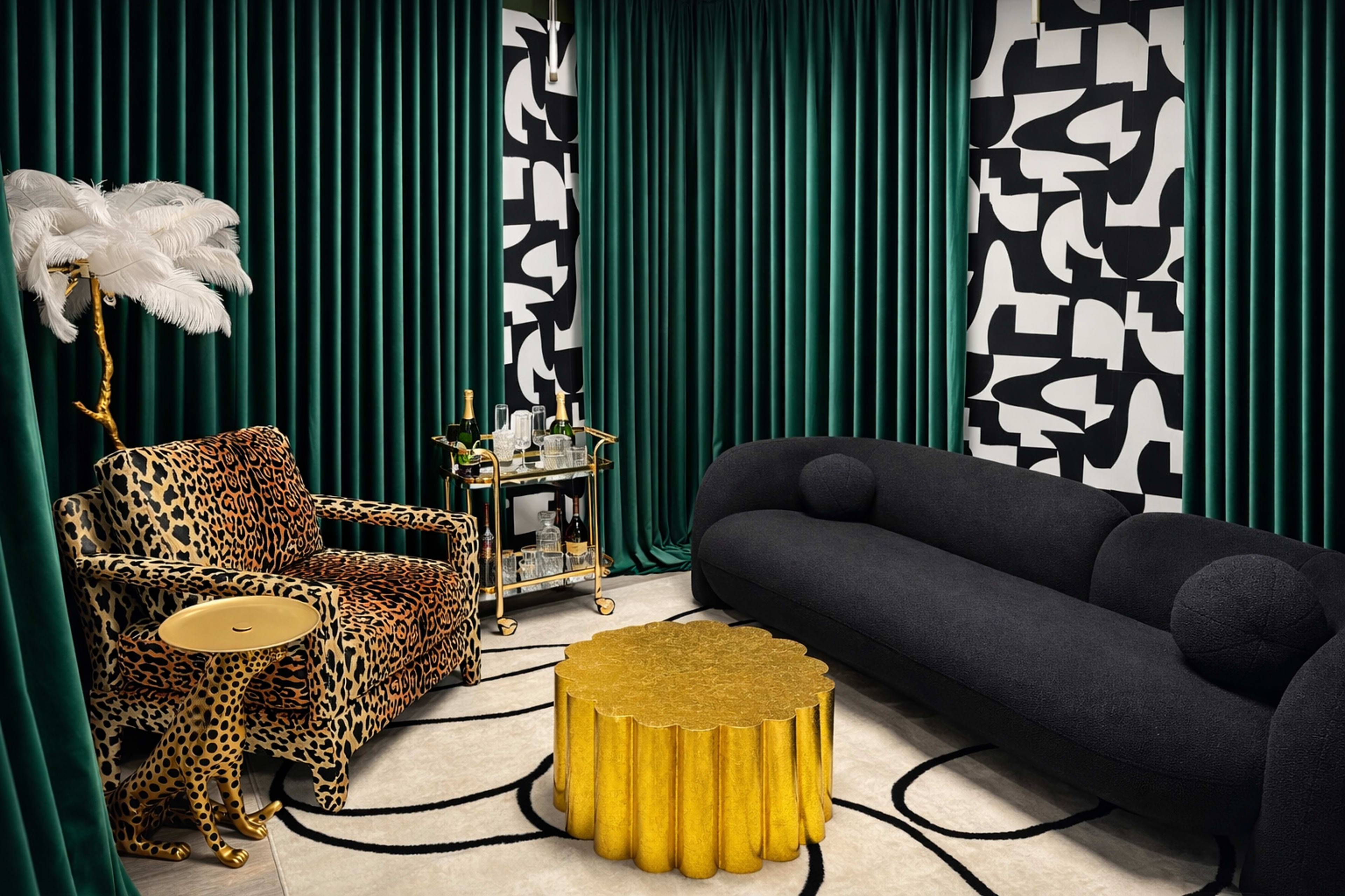 The image shows a stylish living room with a black sofa, a leopard-print armchair, a gold scalloped coffee table, and green curtains against a patterned wall.