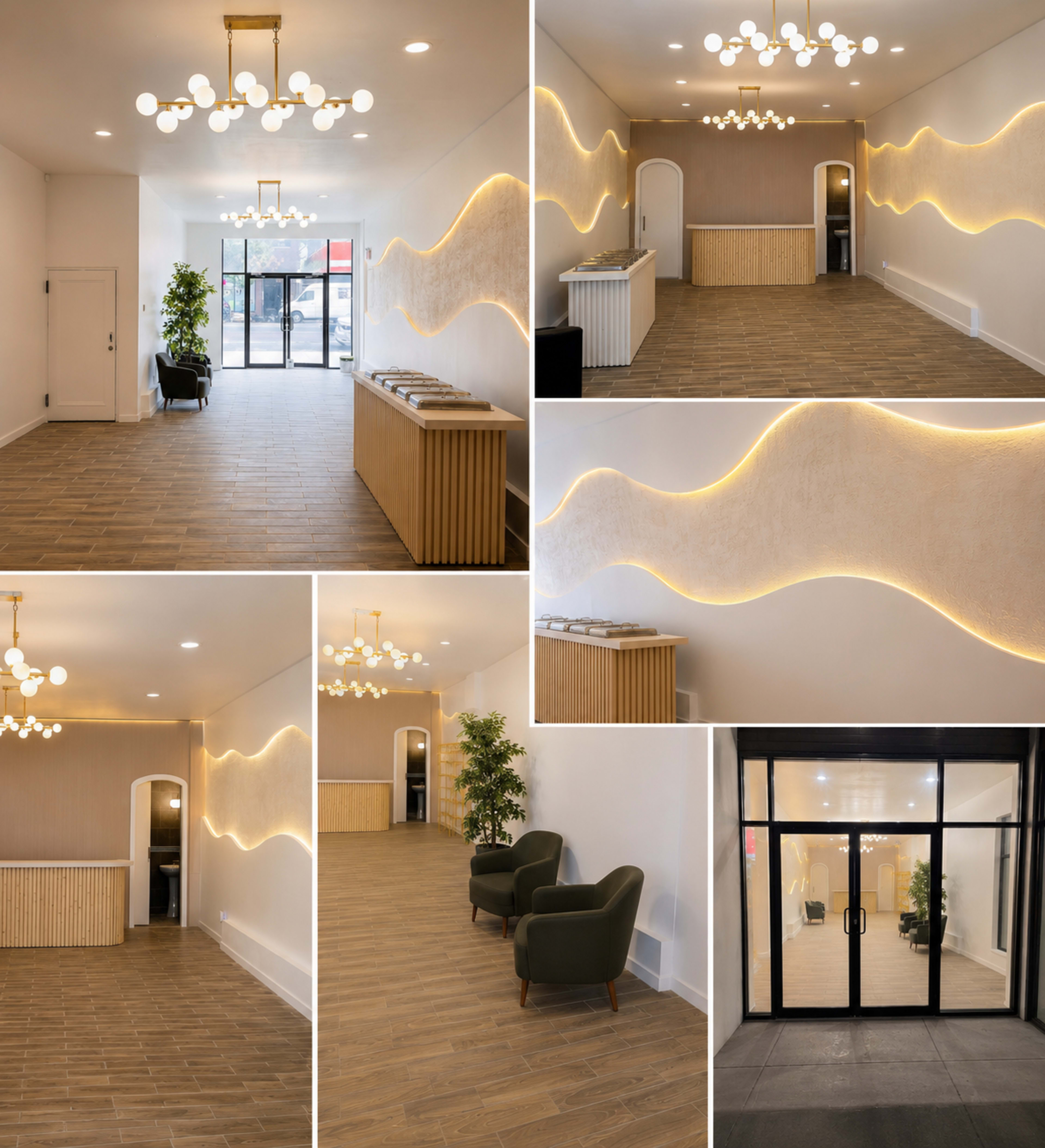 The image shows a modern, well-lit reception area featuring a sleek wooden desk, decorative wall lighting, and contemporary seating.