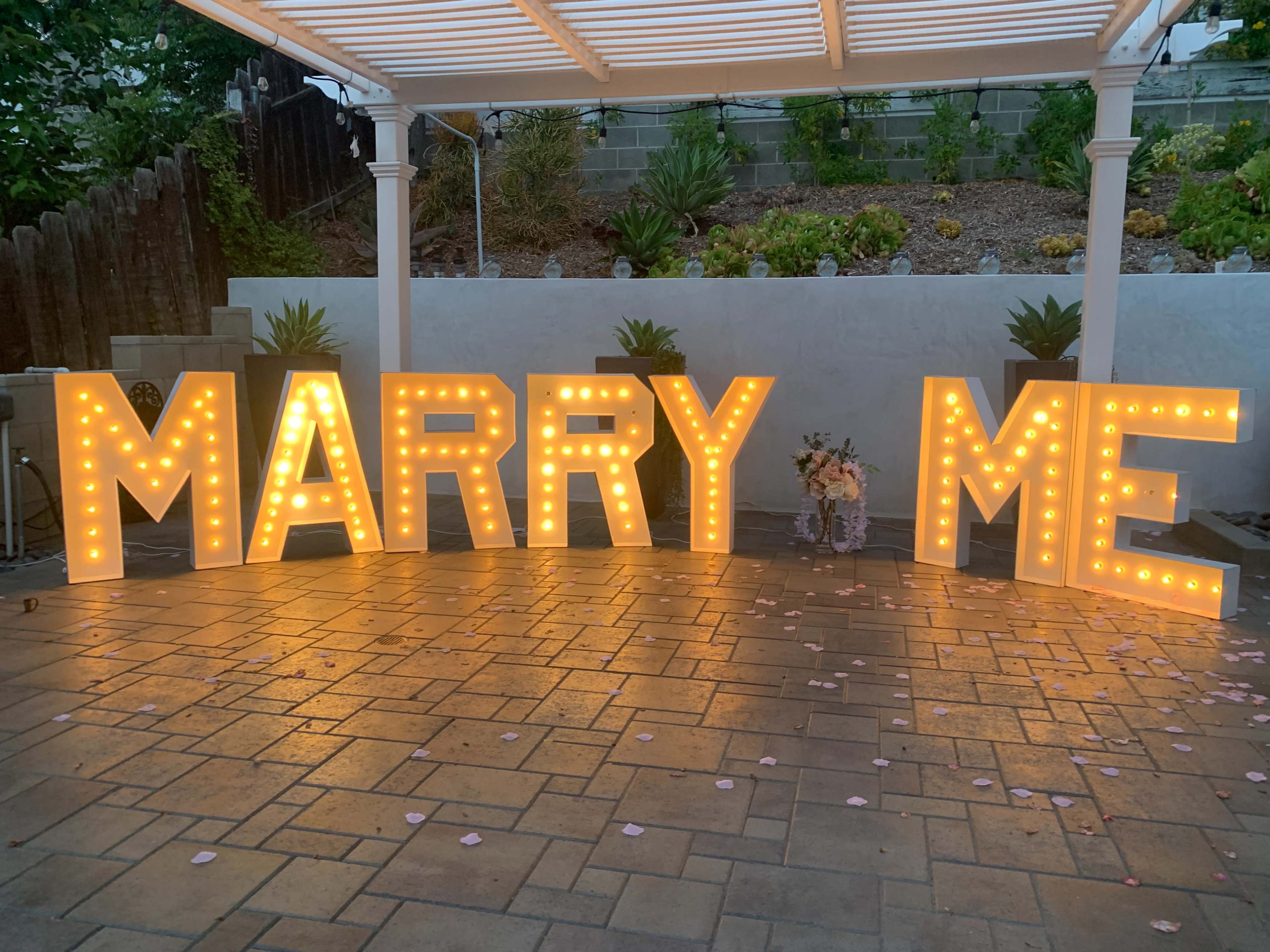 The scene features large illuminated letters spelling "MARRY ME" in a decorated outdoor area with scattered flower petals on the ground.