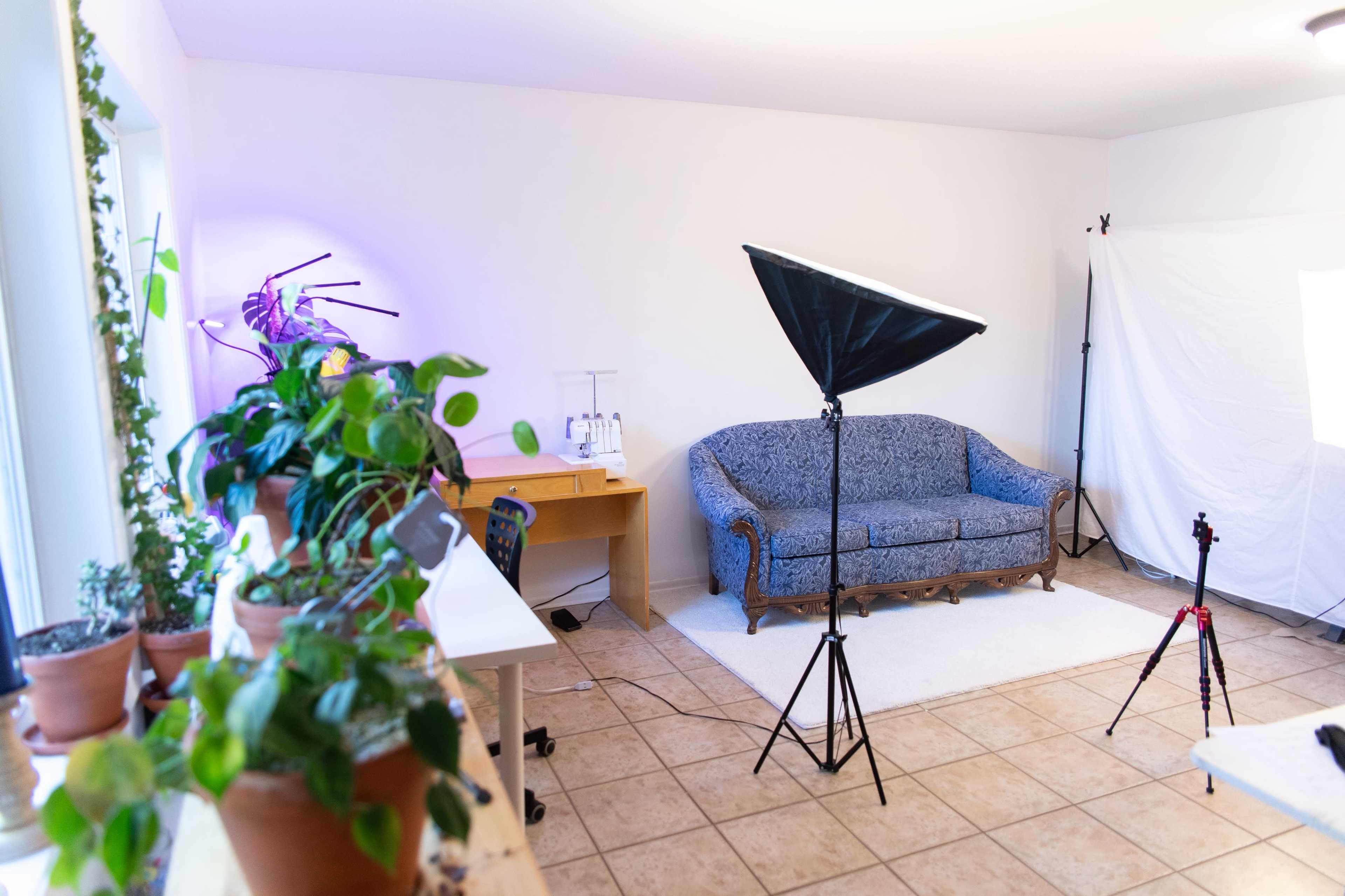 A well-lit room features a blue couch, a desk, and studio lighting equipment set up near a backdrop.