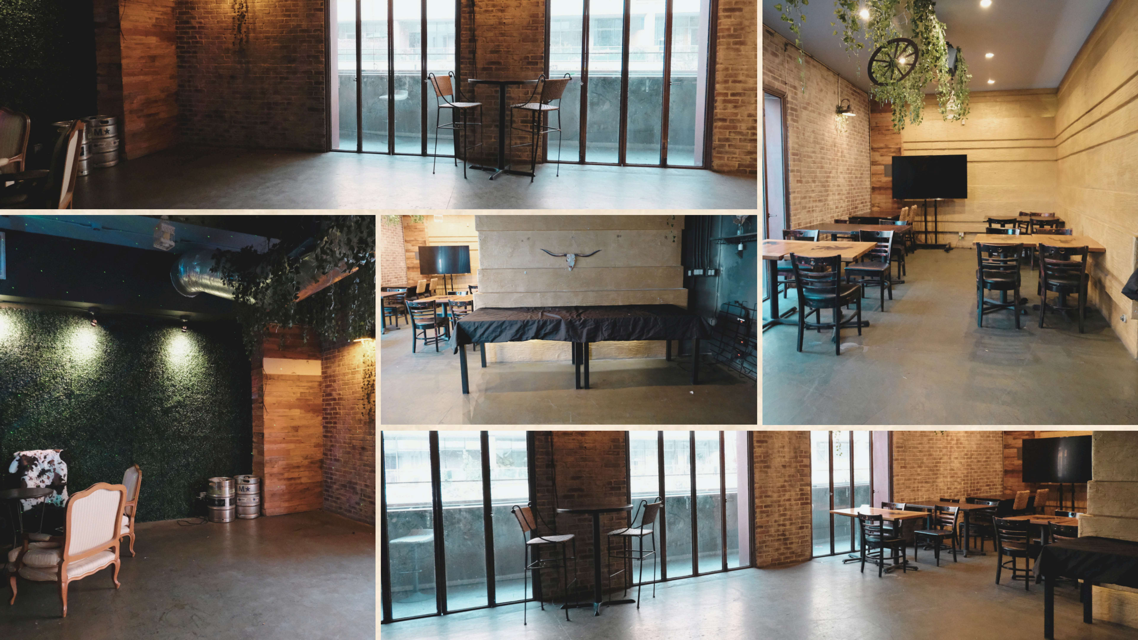 The image showcases a spacious, modern restaurant interior featuring brick walls, large windows, various seating arrangements, and decorative elements like plants and a bicycle wheel.