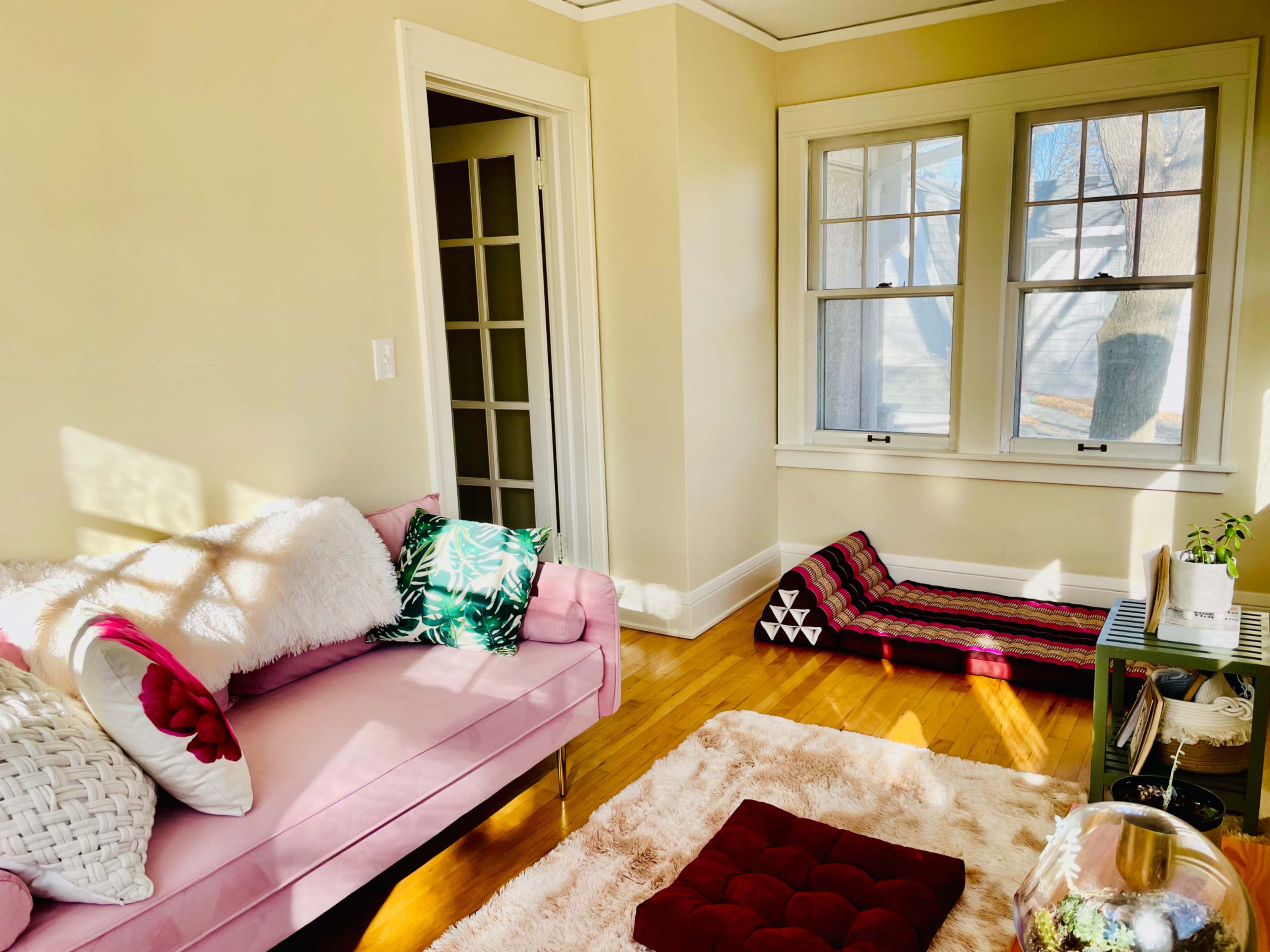 A bright living room features a pink sofa with decorative pillows, a light-colored rug, and large windows allowing sunlight to stream in.