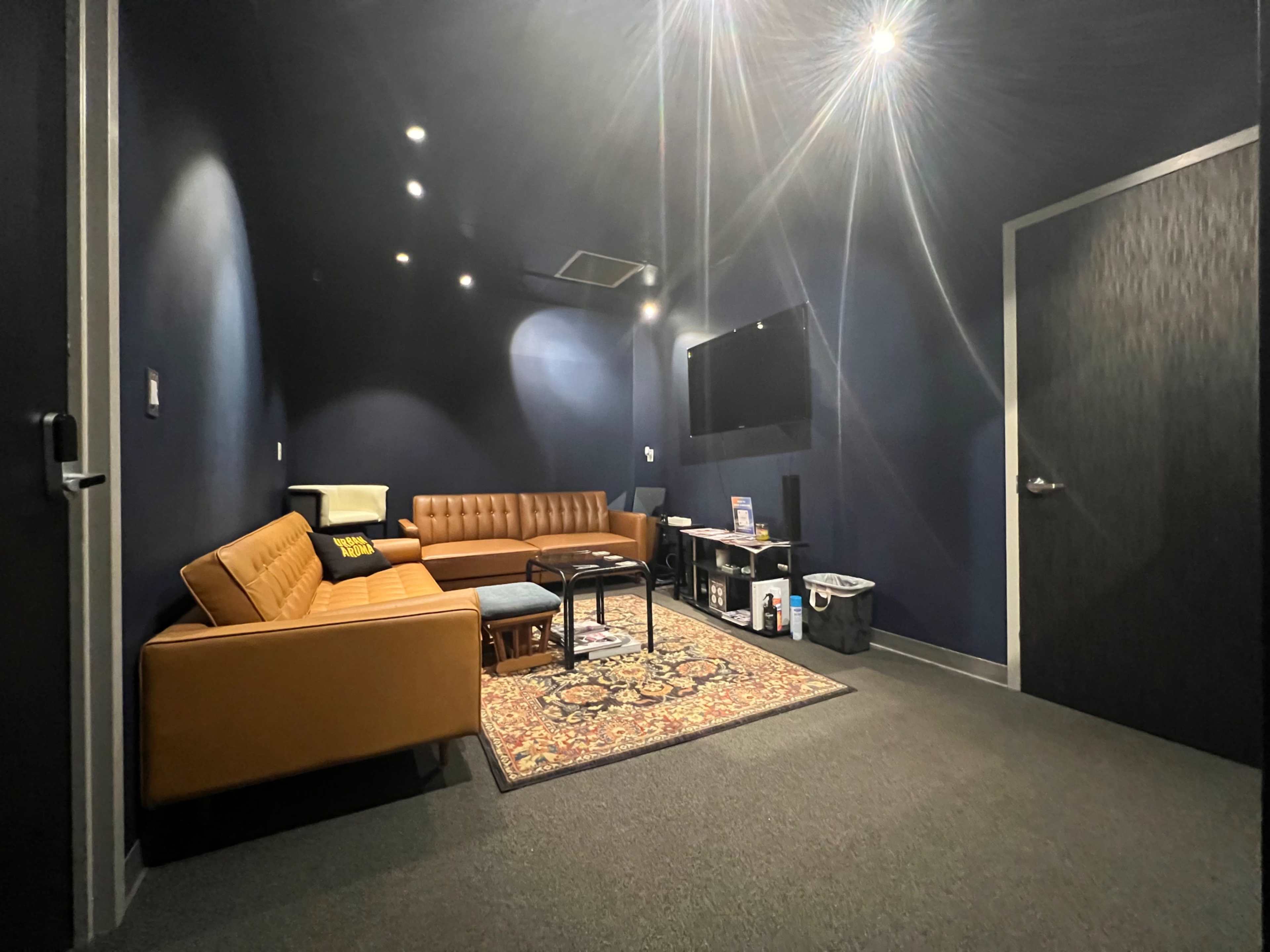 A cozy, well-lit lounge area with a brown leather sofa, a coffee table, a television mounted on the wall, and a decorative rug on the floor.