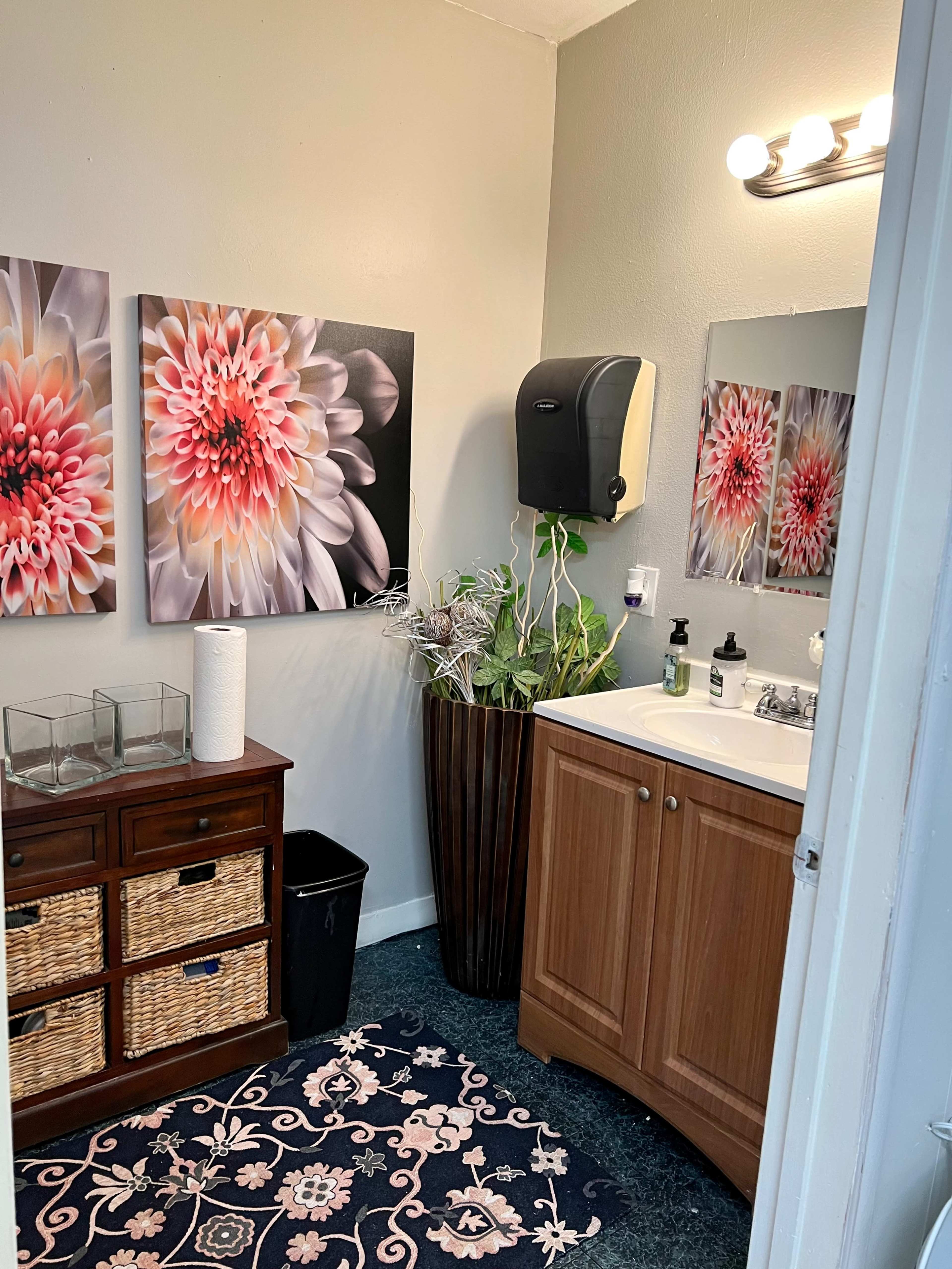 A bathroom featuring a vanity with a sink, a floral wall art display, a towel dispenser, a large plant in a container, and a patterned rug on the floor.