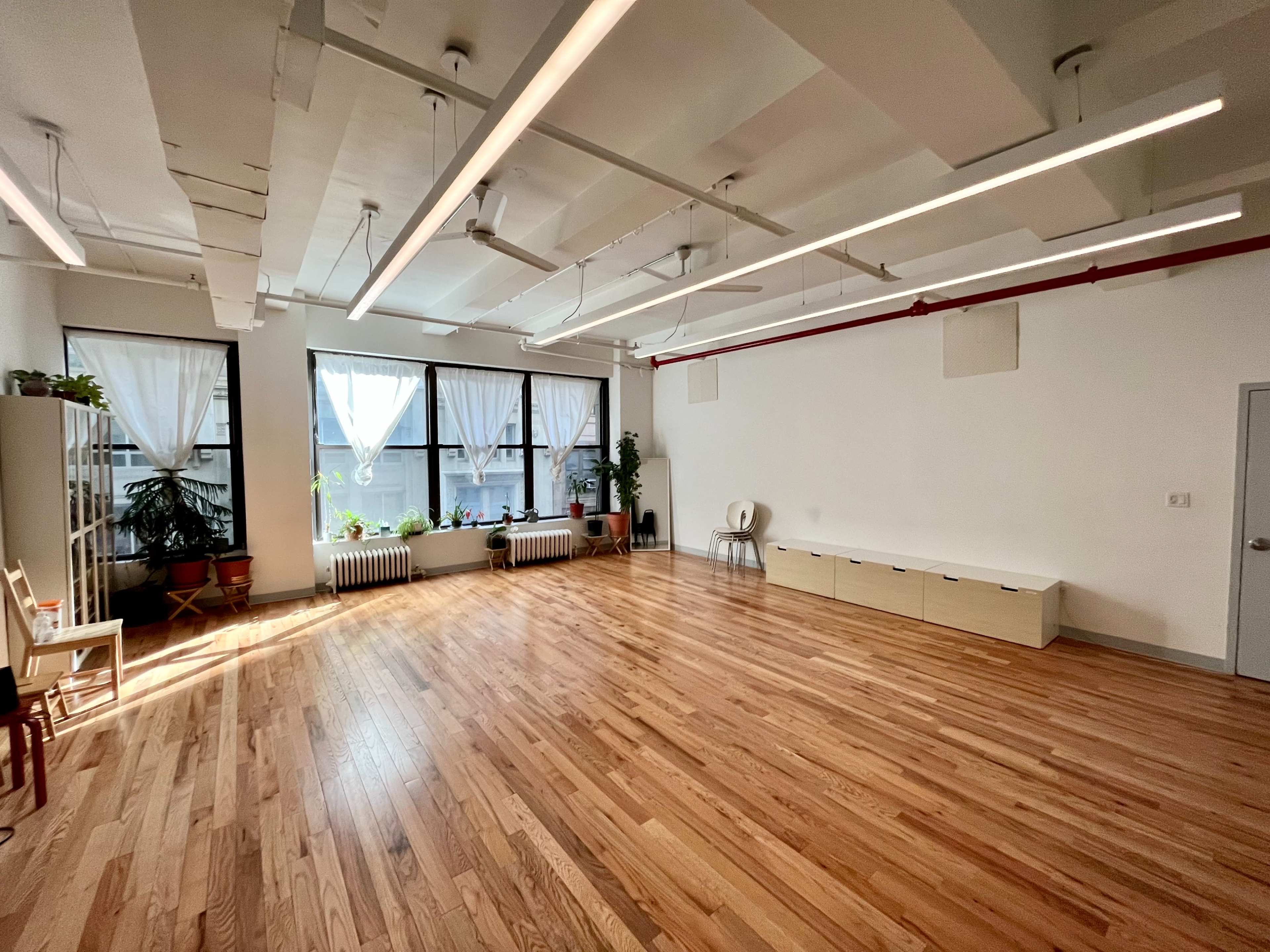 The image shows a spacious, empty room with large windows, wooden floors, and minimal furnishings, including plants and a storage unit.