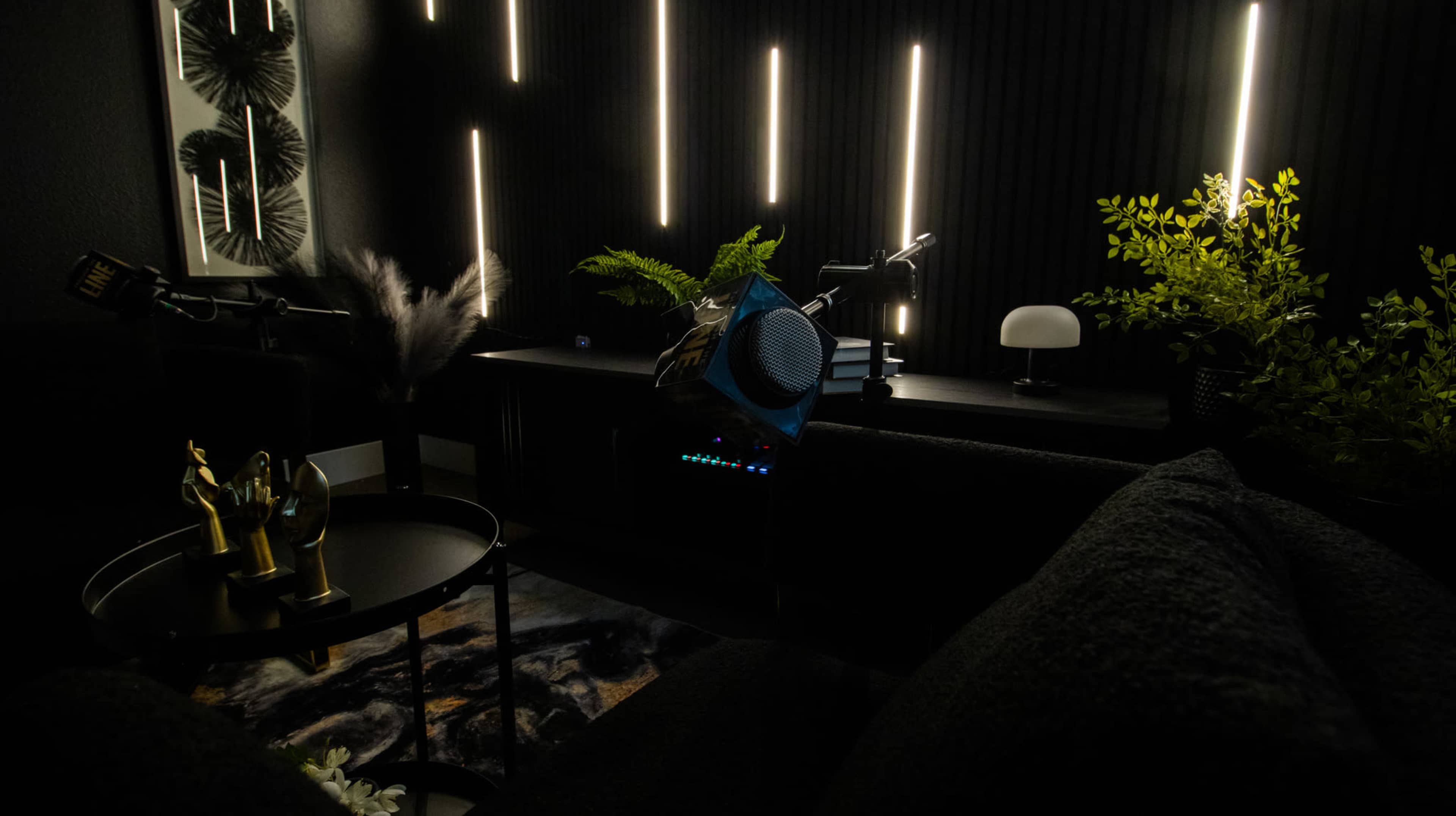 The image shows a modern recording studio with black walls, soft lighting from vertical LED strips, and decorative plants arranged on a sleek desk and nearby furniture.